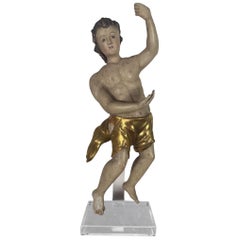 19th Century Carved Polychrome and Giltwood Statue of a Putti
