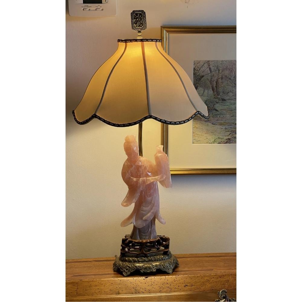 19th Century Carved Rose Quartz Table Lamp In Good Condition In Doylestown, PA