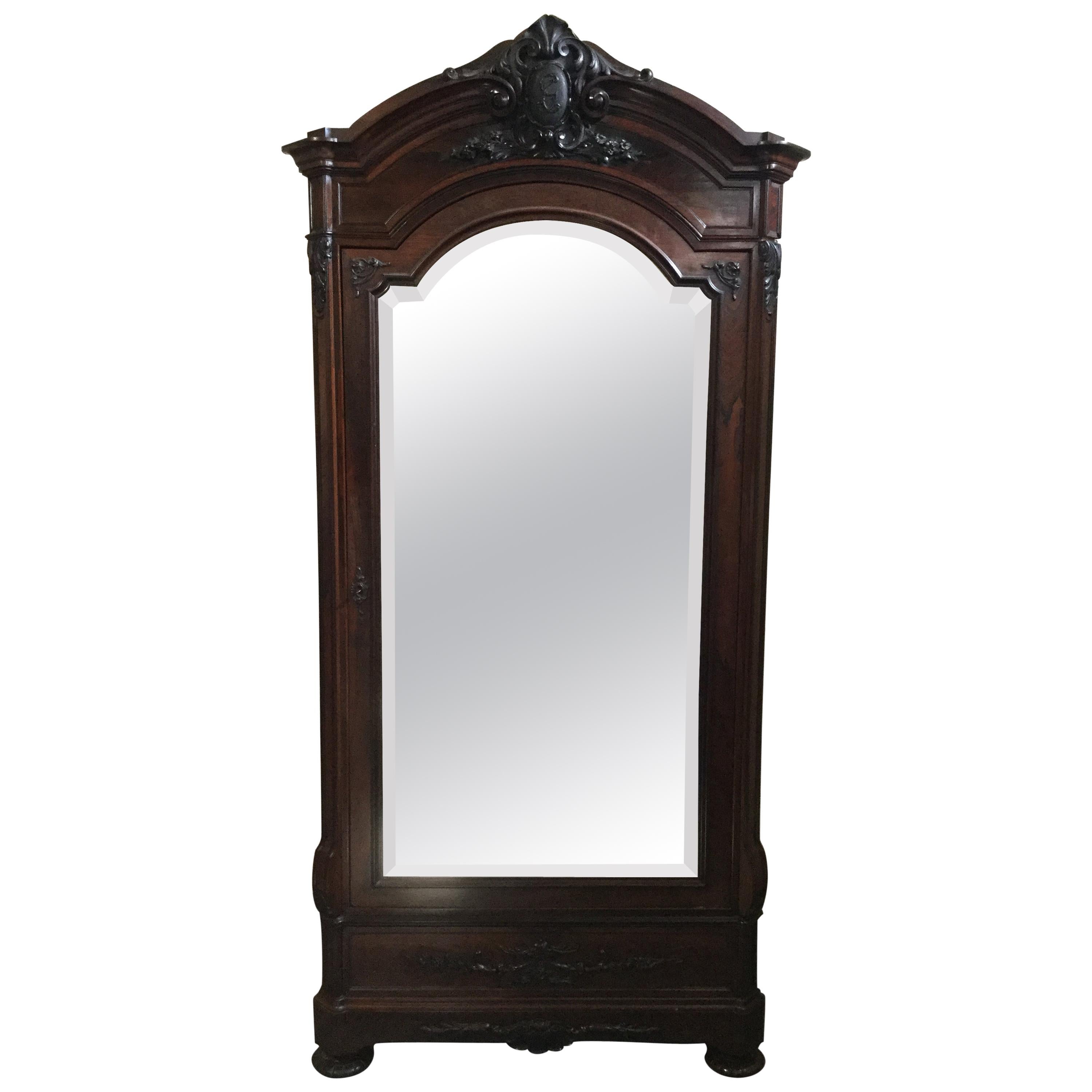 19th Century Carved Rosewood Armoire with Large Beveled Mirror For Sale