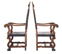 19th Century Carved Spanish Leather Embossed Walnut Throne Chairs