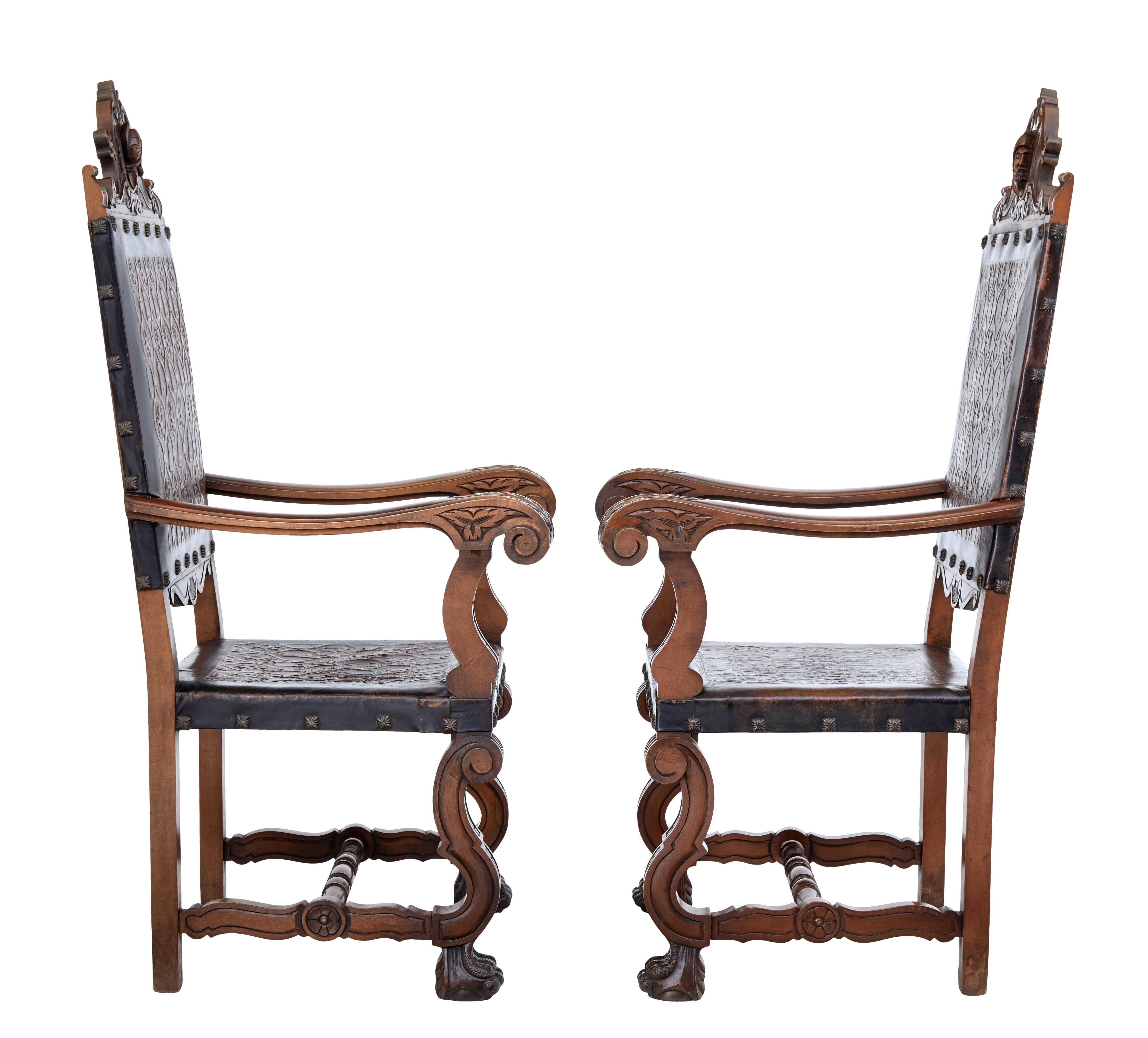 Spanish Colonial 19th Century Carved Spanish Leather Embossed Walnut Throne Chairs