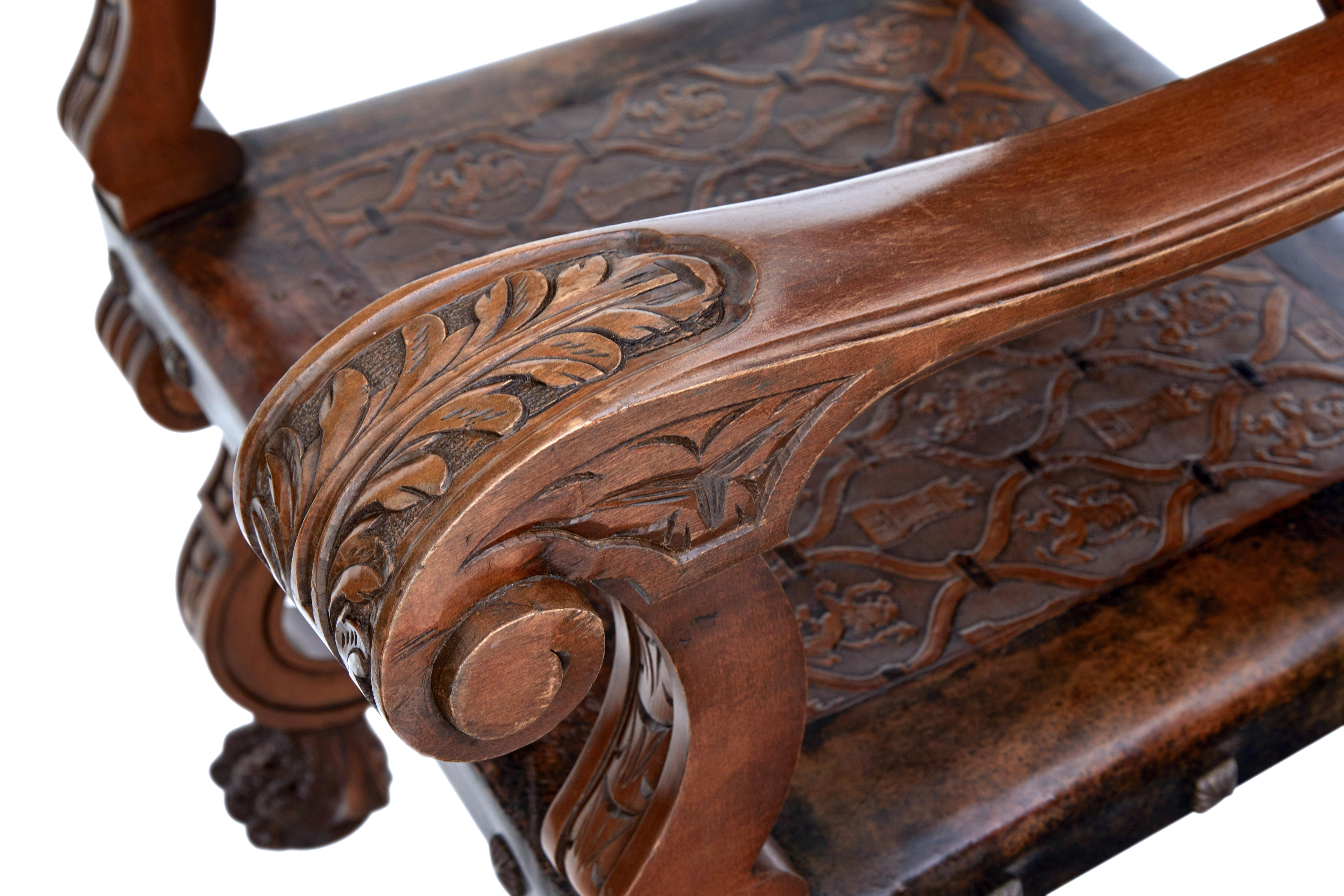 19th Century Carved Spanish Leather Embossed Walnut Throne Chairs In Good Condition In Debenham, Suffolk