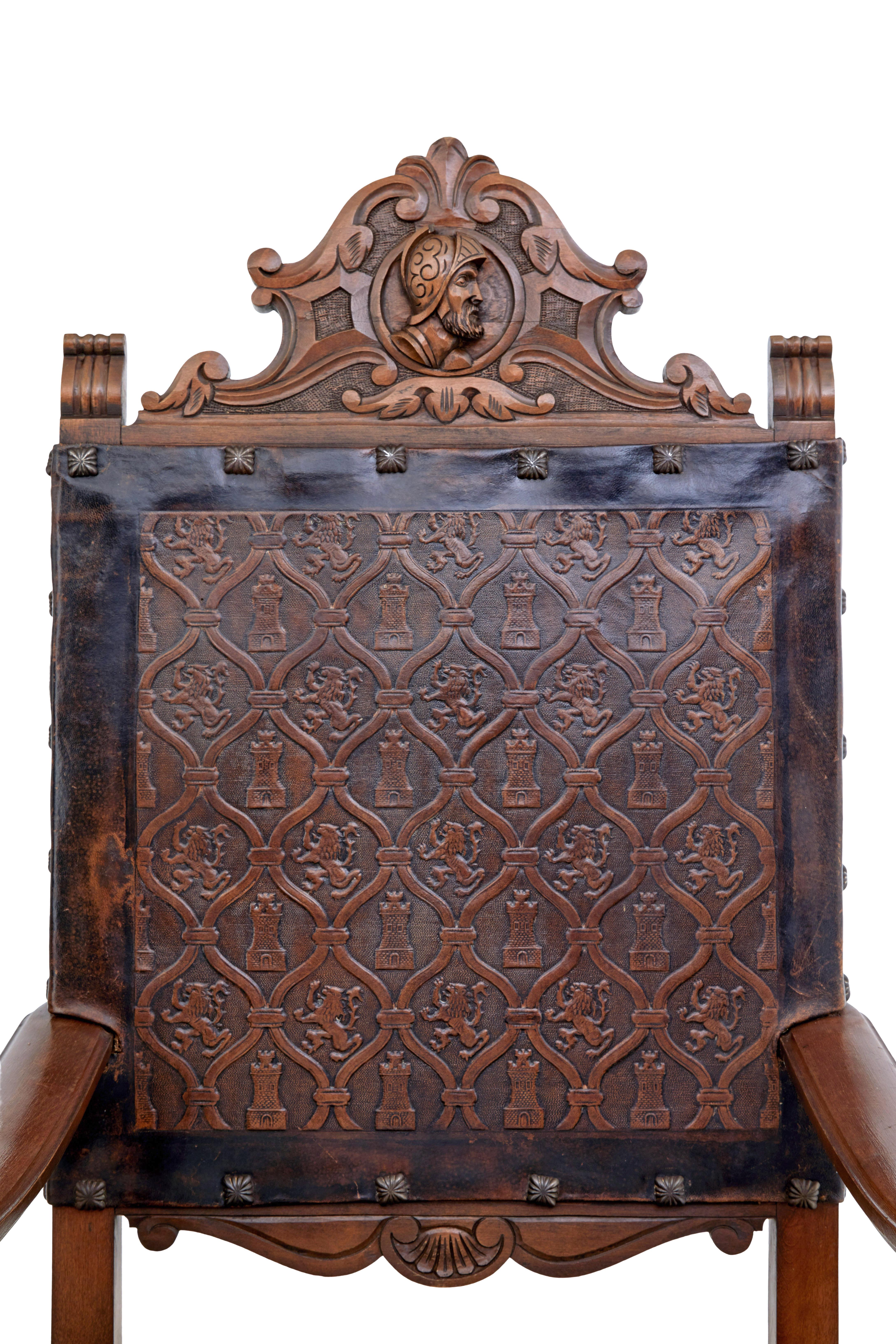 19th Century Carved Spanish Leather Embossed Walnut Throne Chairs 2