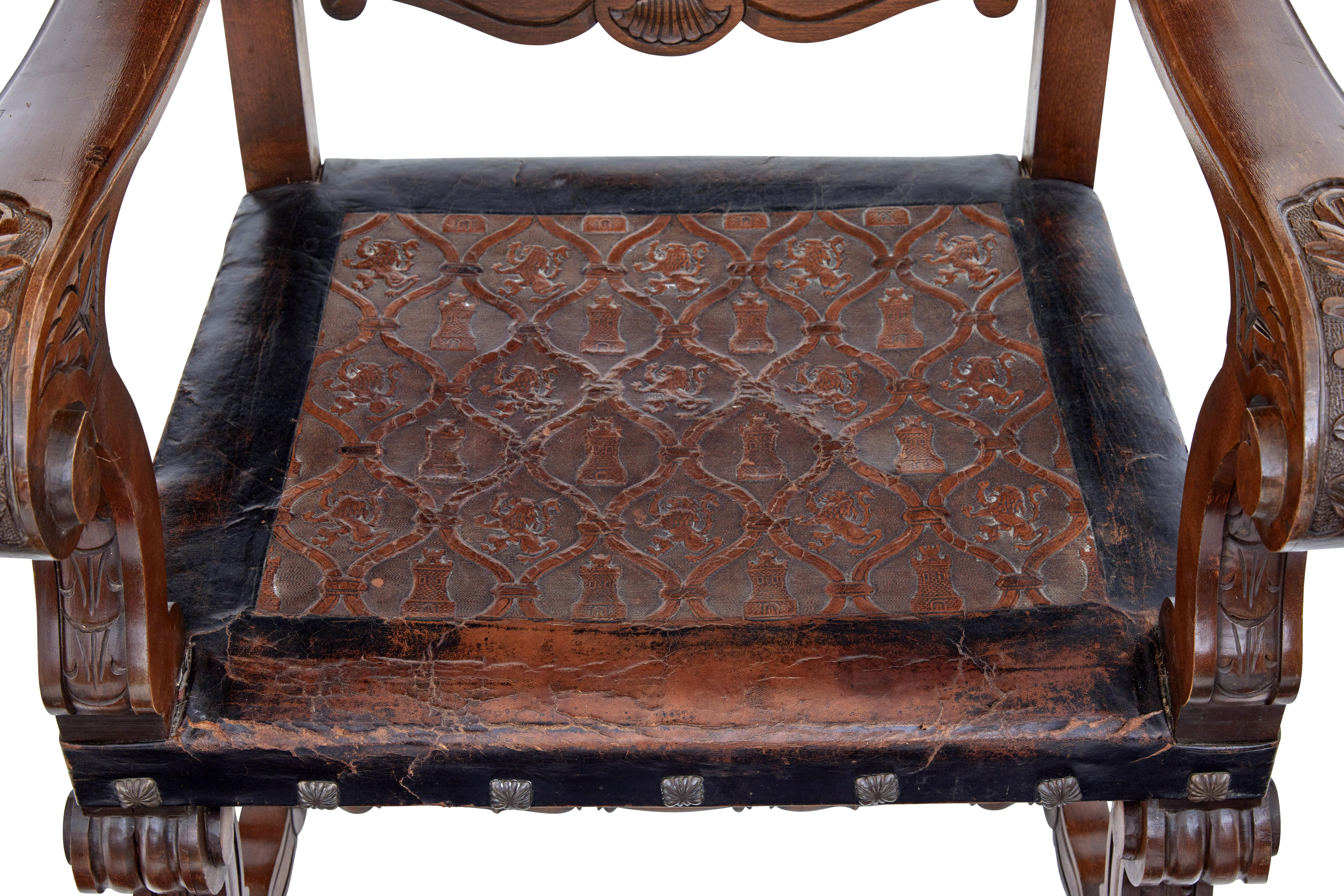 19th Century Carved Spanish Leather Embossed Walnut Throne Chairs 3