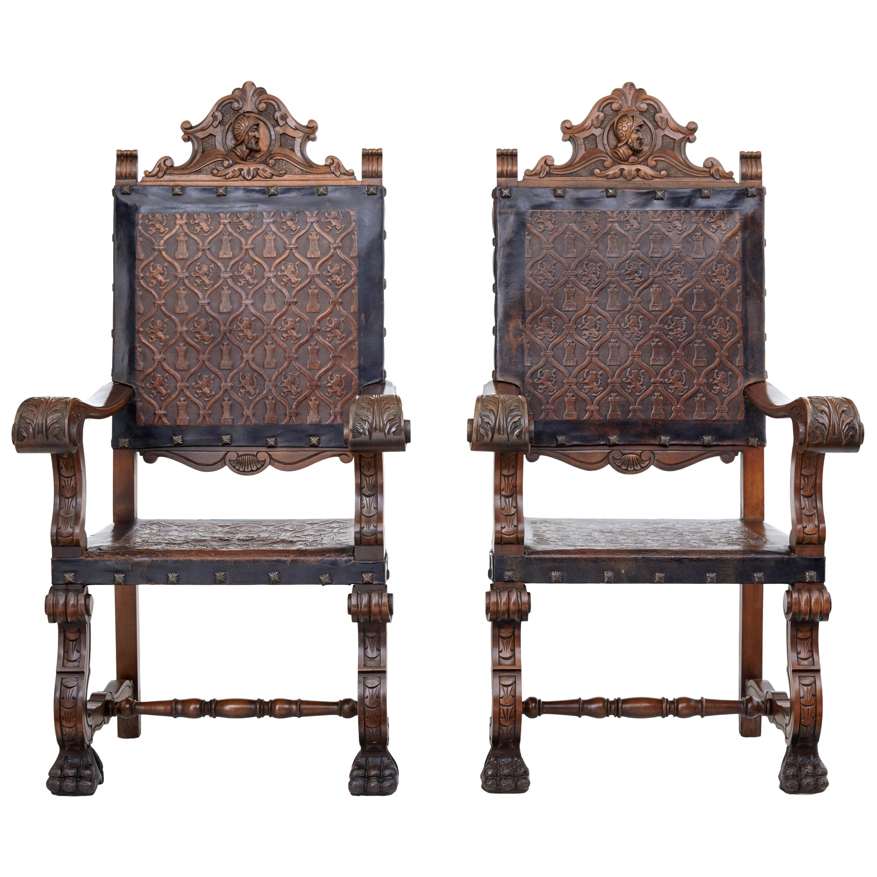 19th Century Carved Spanish Leather Embossed Walnut Throne Chairs