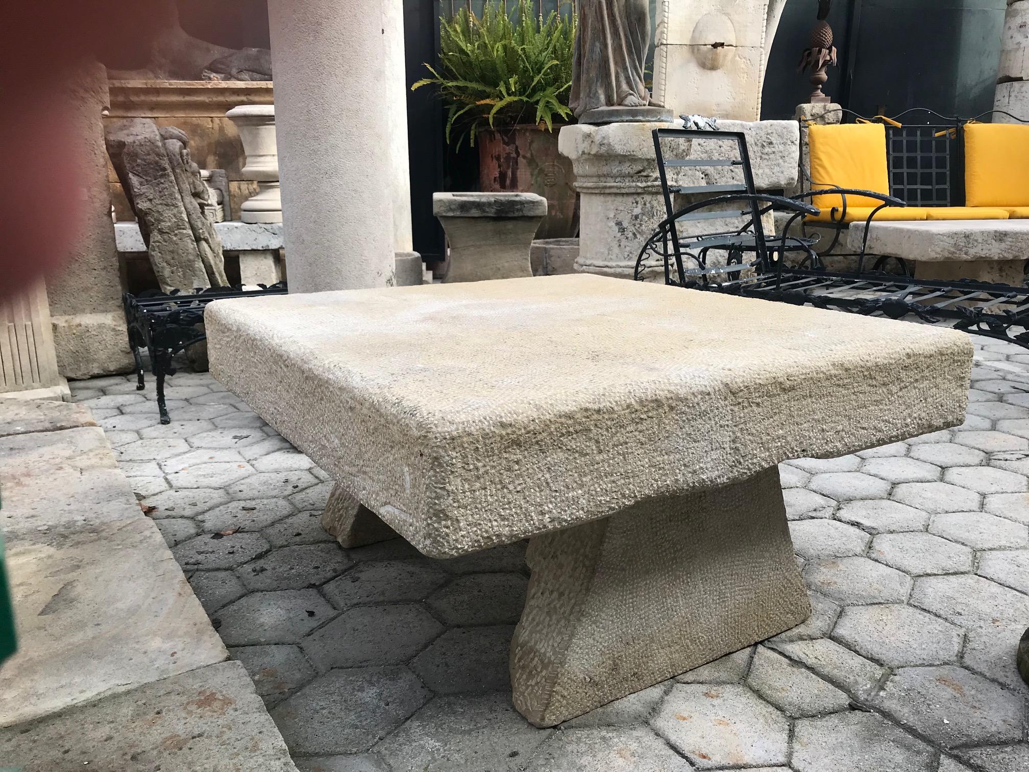 19th-early 20th elements Hand carved stone antique garden low coffee outdoor indoor table. It will be the perfect touch by an outdoor fireplace, this table has a lot of charm and character. It can work in a Mid-Century Modern or an old charm rustic