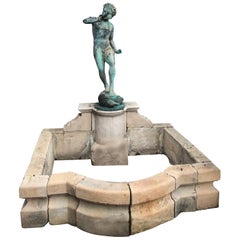 19th Century Carved Stone Basin Garden Fountain with Bronze Sculpture Statue LA