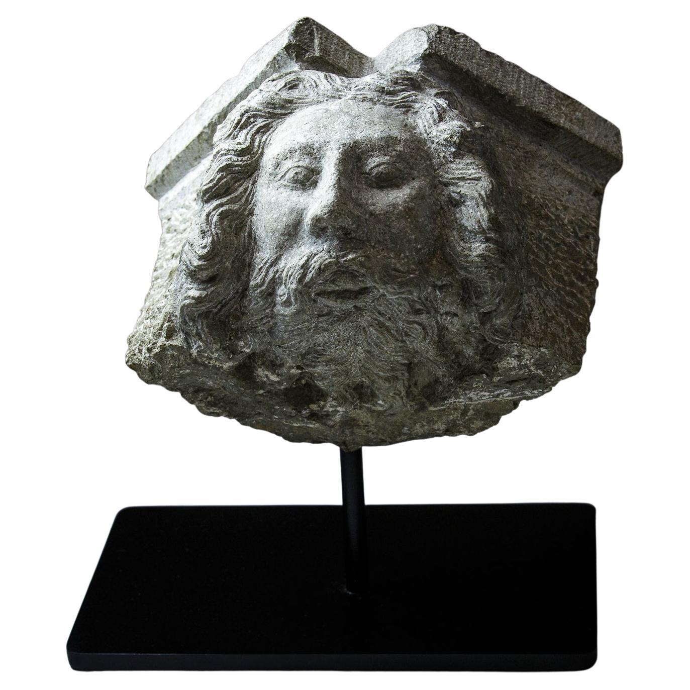 19th Century Carved Stone Pediment Fragment of Neptune For Sale