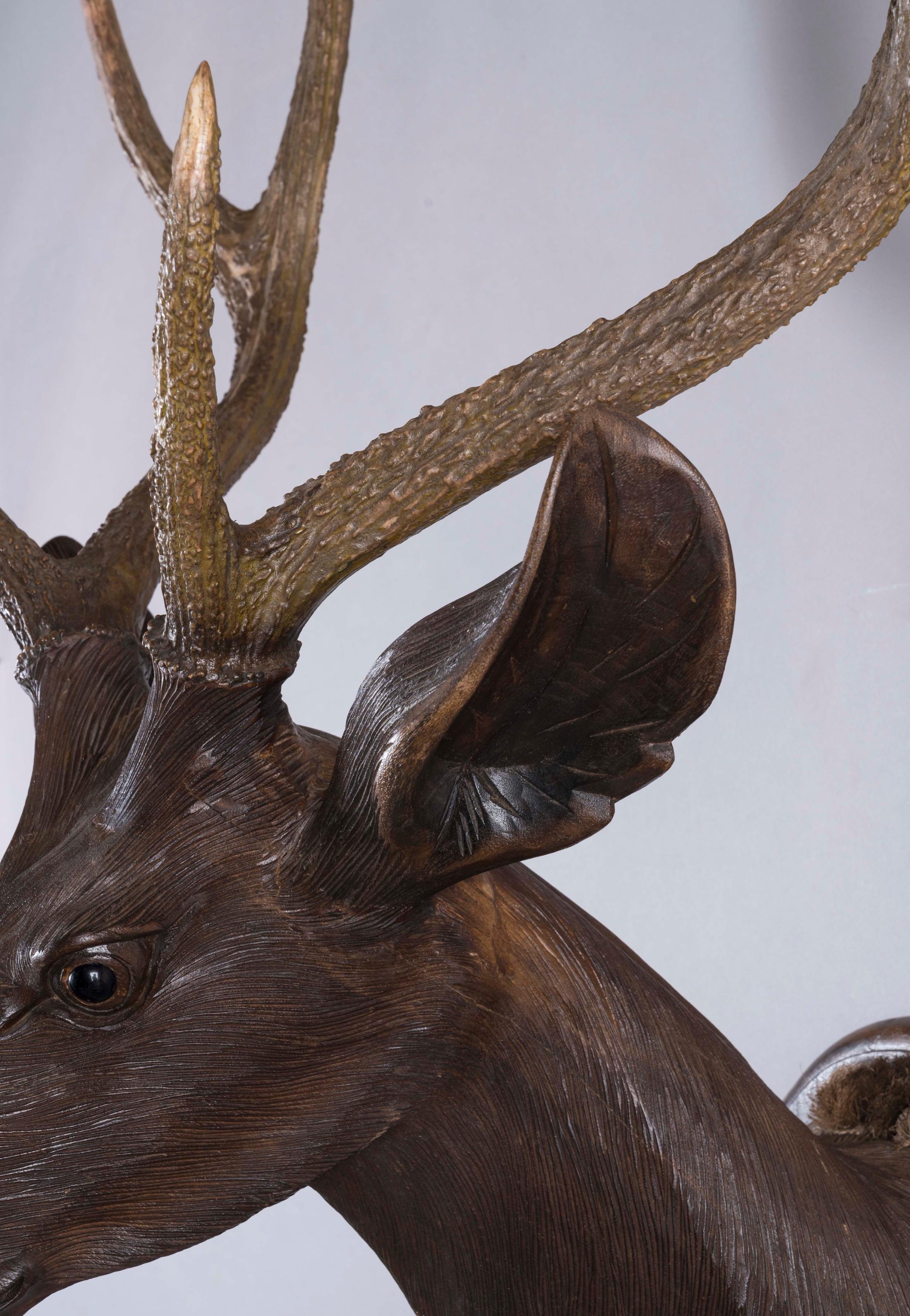 19th Century Carved Swiss 'Black Forest' Life-Sized Stag's Head Wall Mount In Good Condition For Sale In London, GB