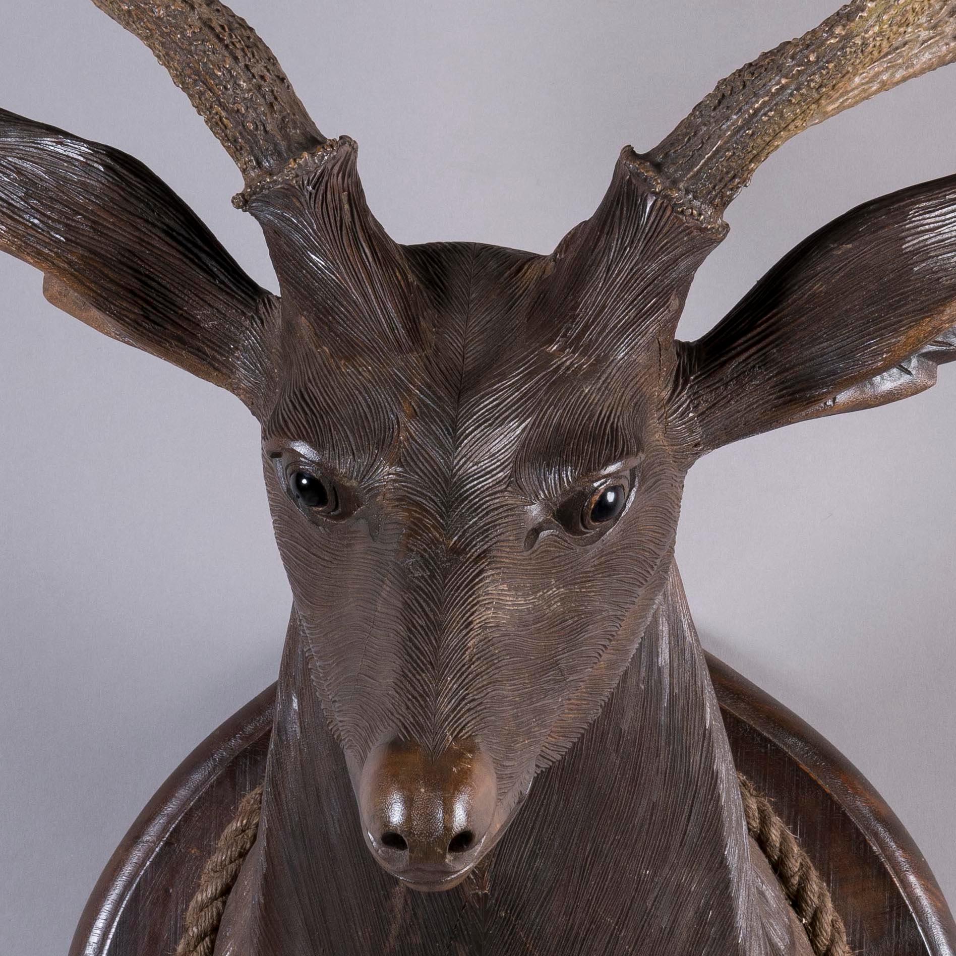 19th Century Carved Swiss 'Black Forest' Life-Sized Stag's Head Wall Mount For Sale 1