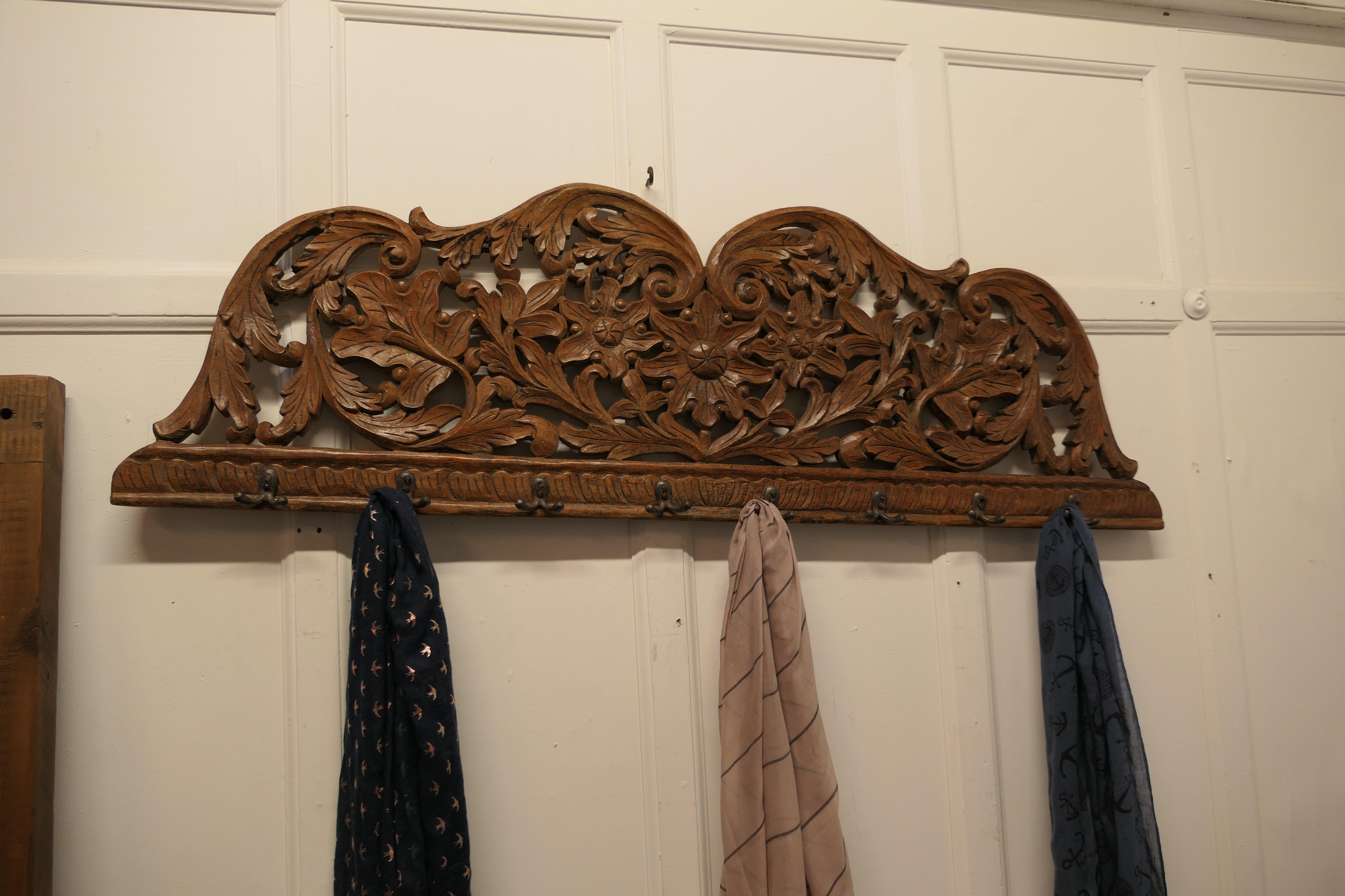 19th Century Carved Teak Wall Hanging Coat Rack For Sale 6