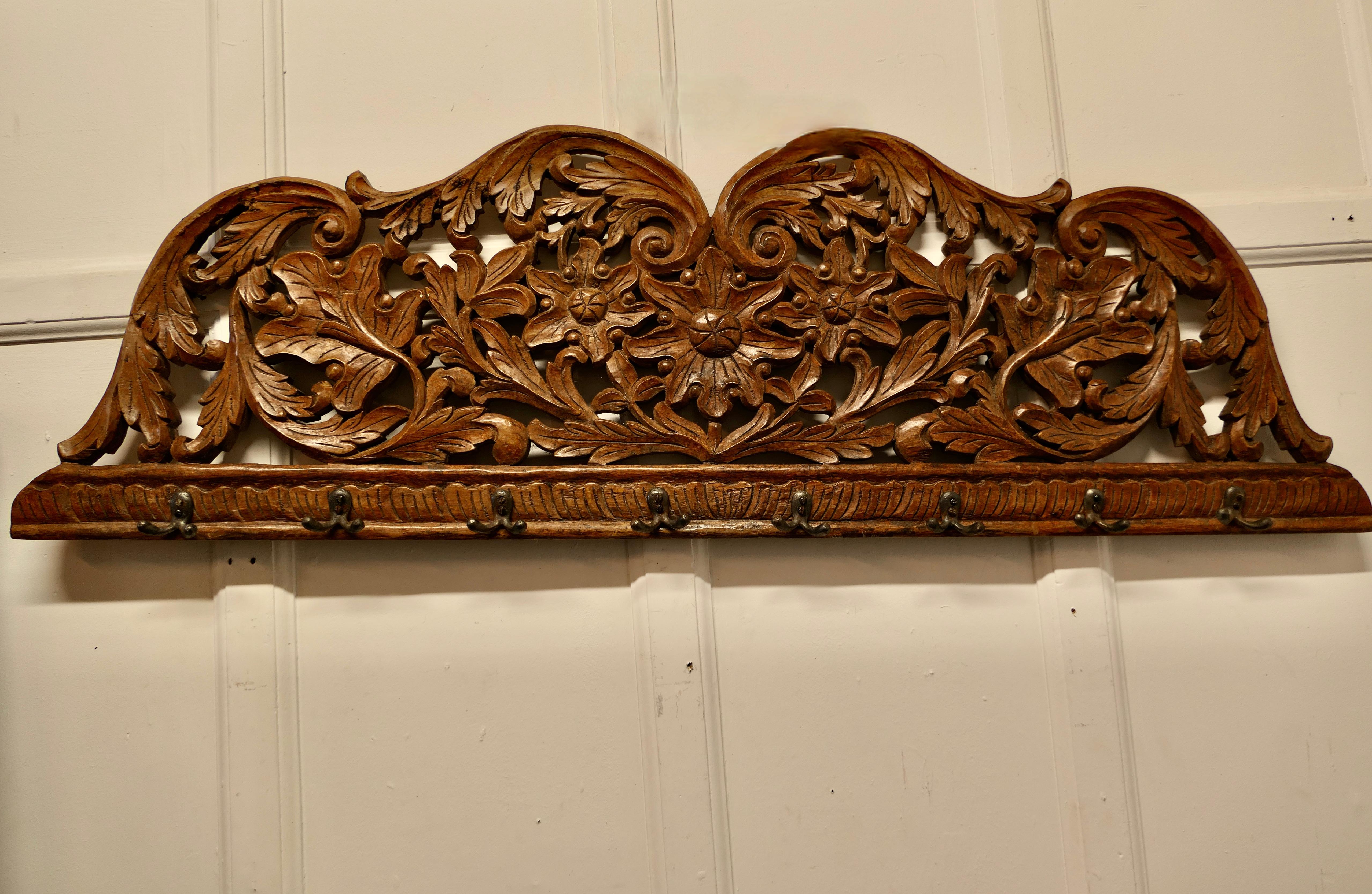 Arts and Crafts 19th Century Carved Teak Wall Hanging Coat Rack For Sale