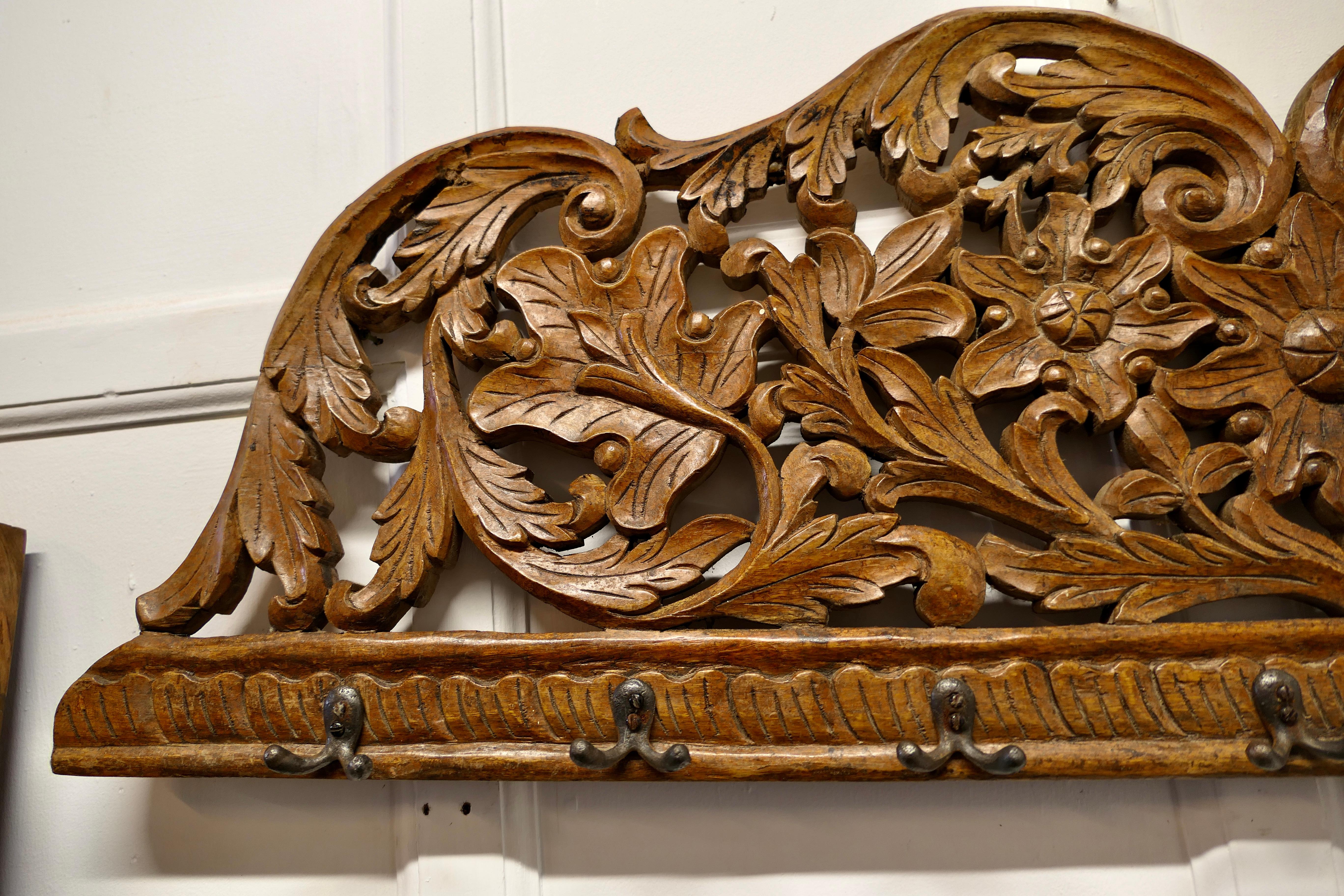 19th Century Carved Teak Wall Hanging Coat Rack In Good Condition For Sale In Chillerton, Isle of Wight