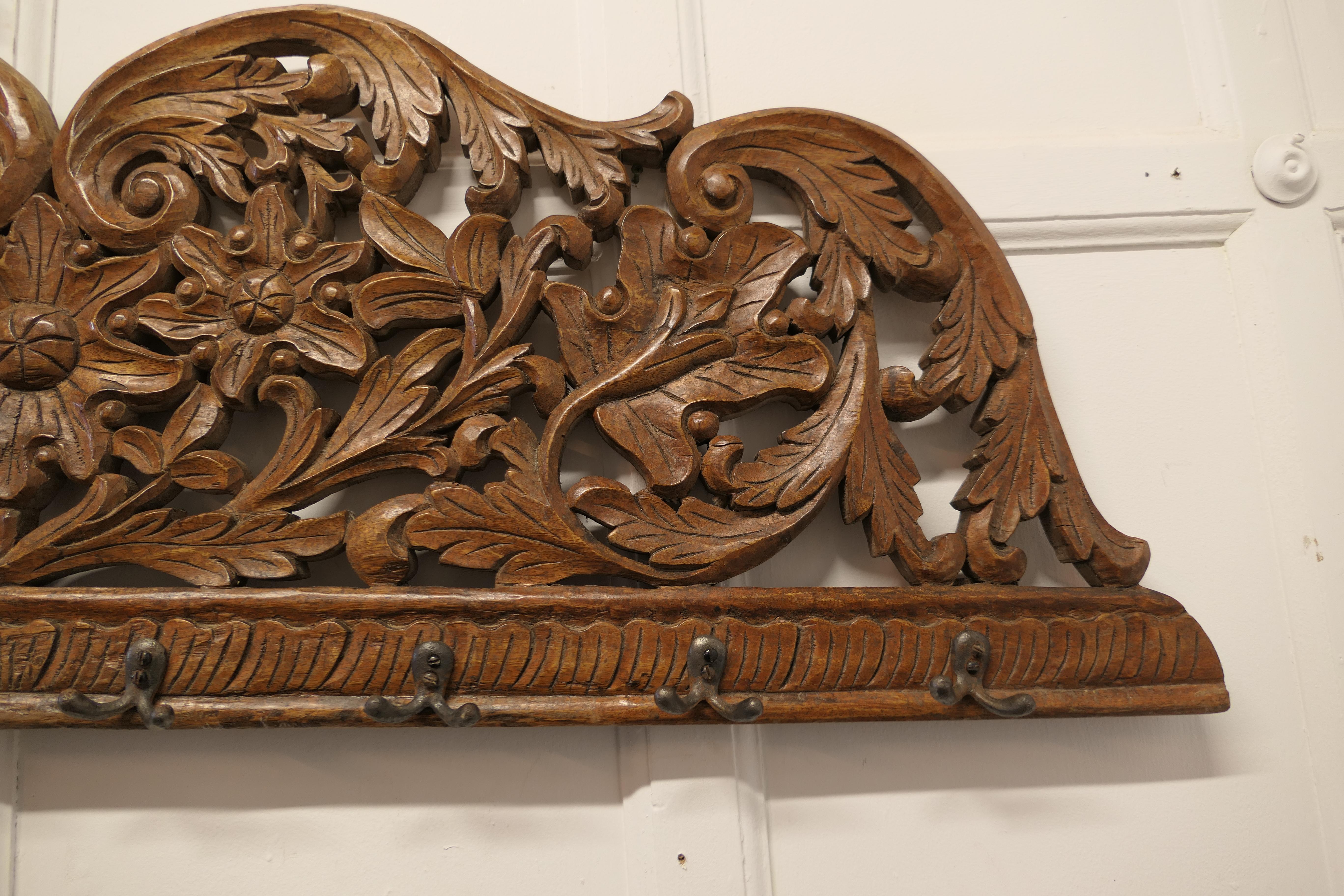 19th Century Carved Teak Wall Hanging Coat Rack For Sale 2