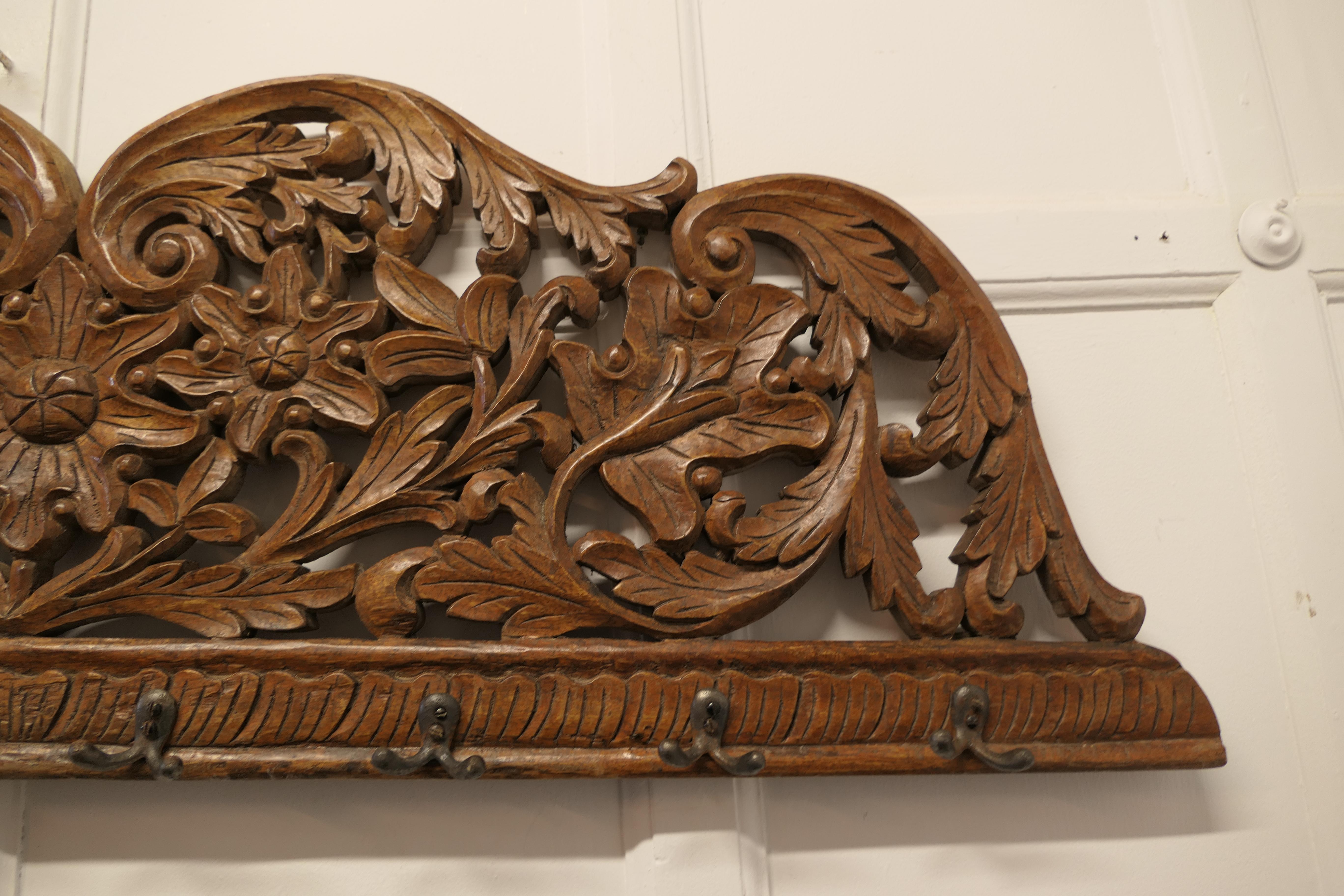 19th Century Carved Teak Wall Hanging Coat Rack For Sale 3