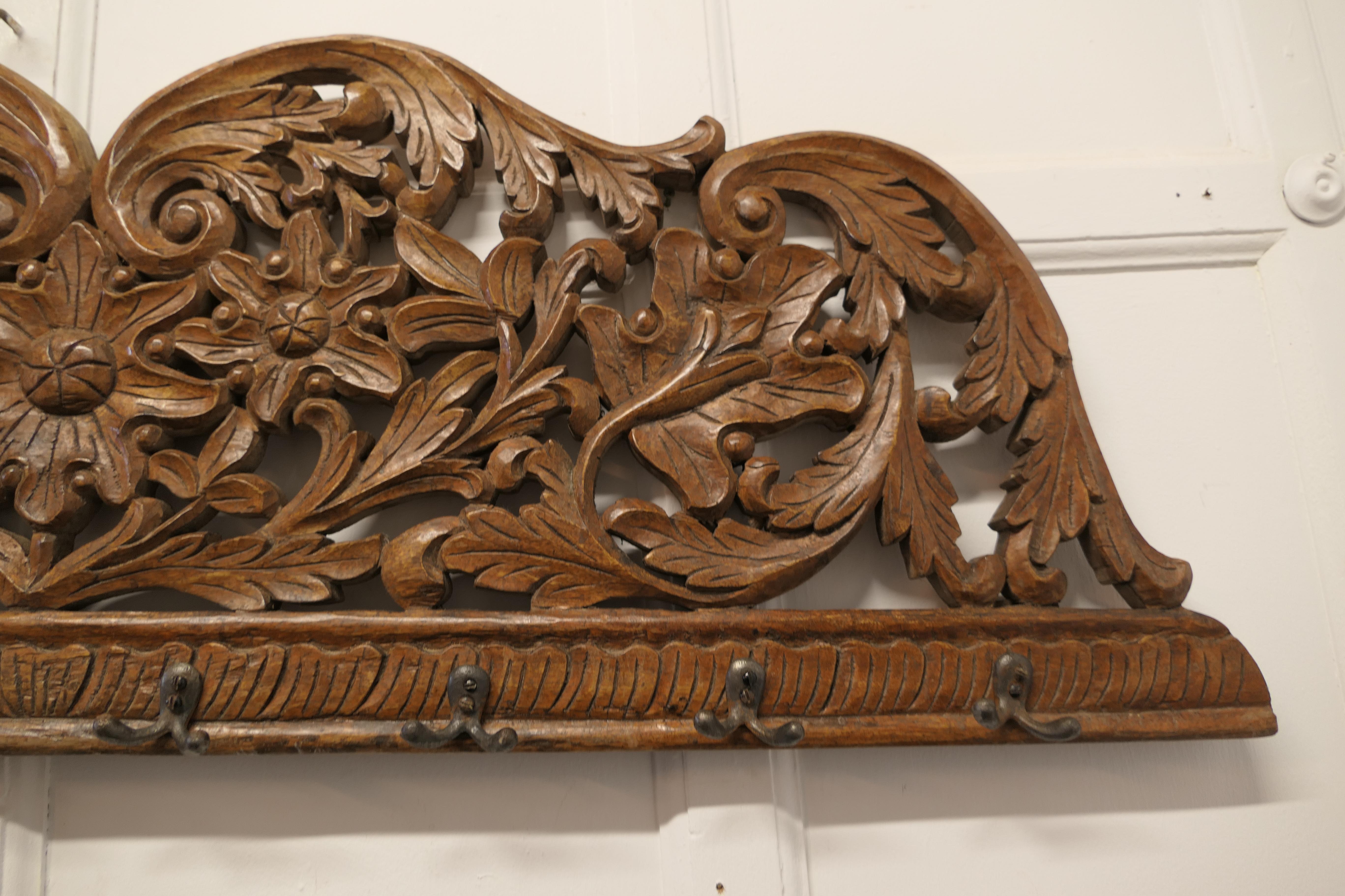 19th Century Carved Teak Wall Hanging Coat Rack For Sale 4