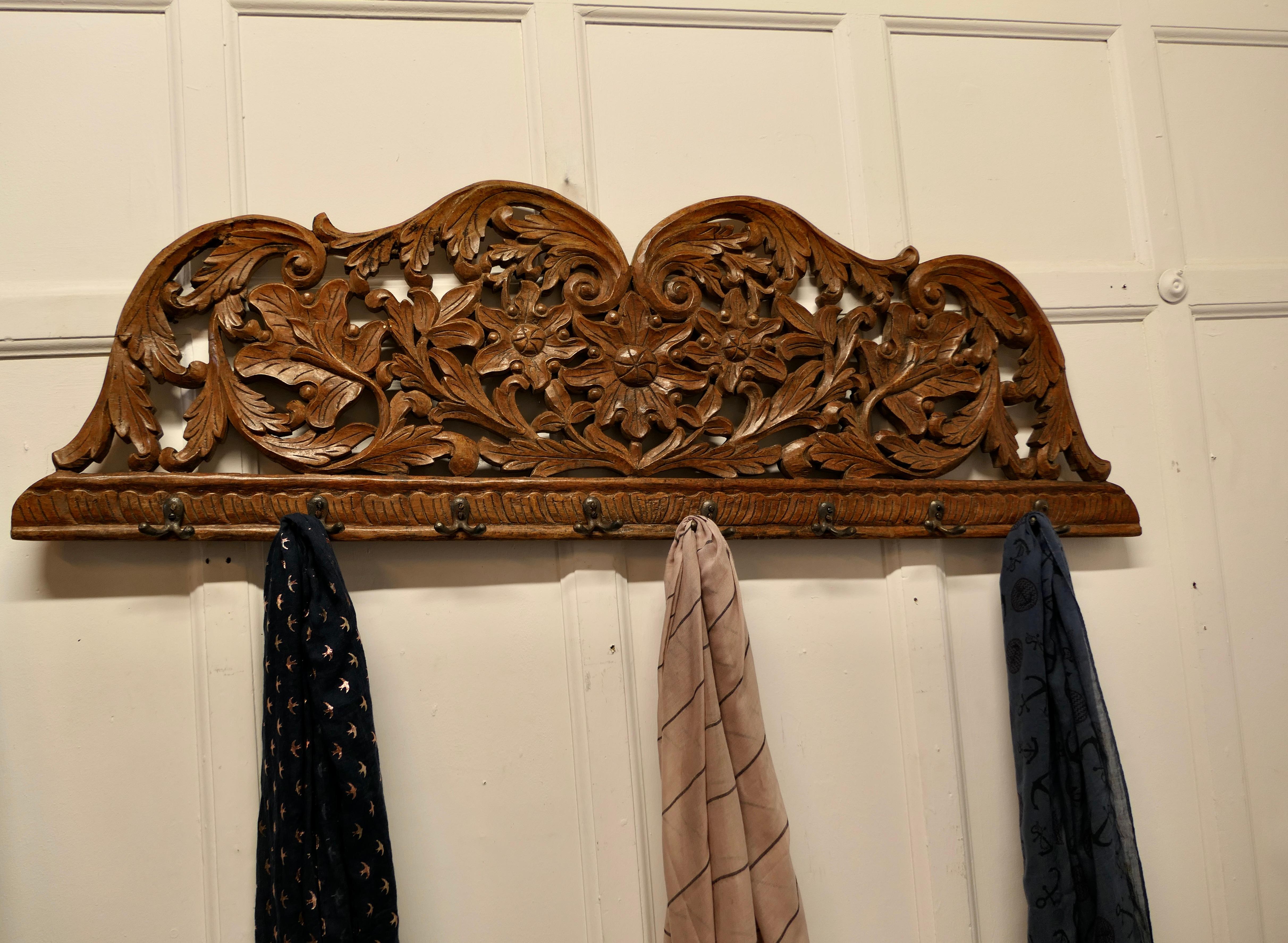 19th Century Carved Teak Wall Hanging Coat Rack For Sale 5