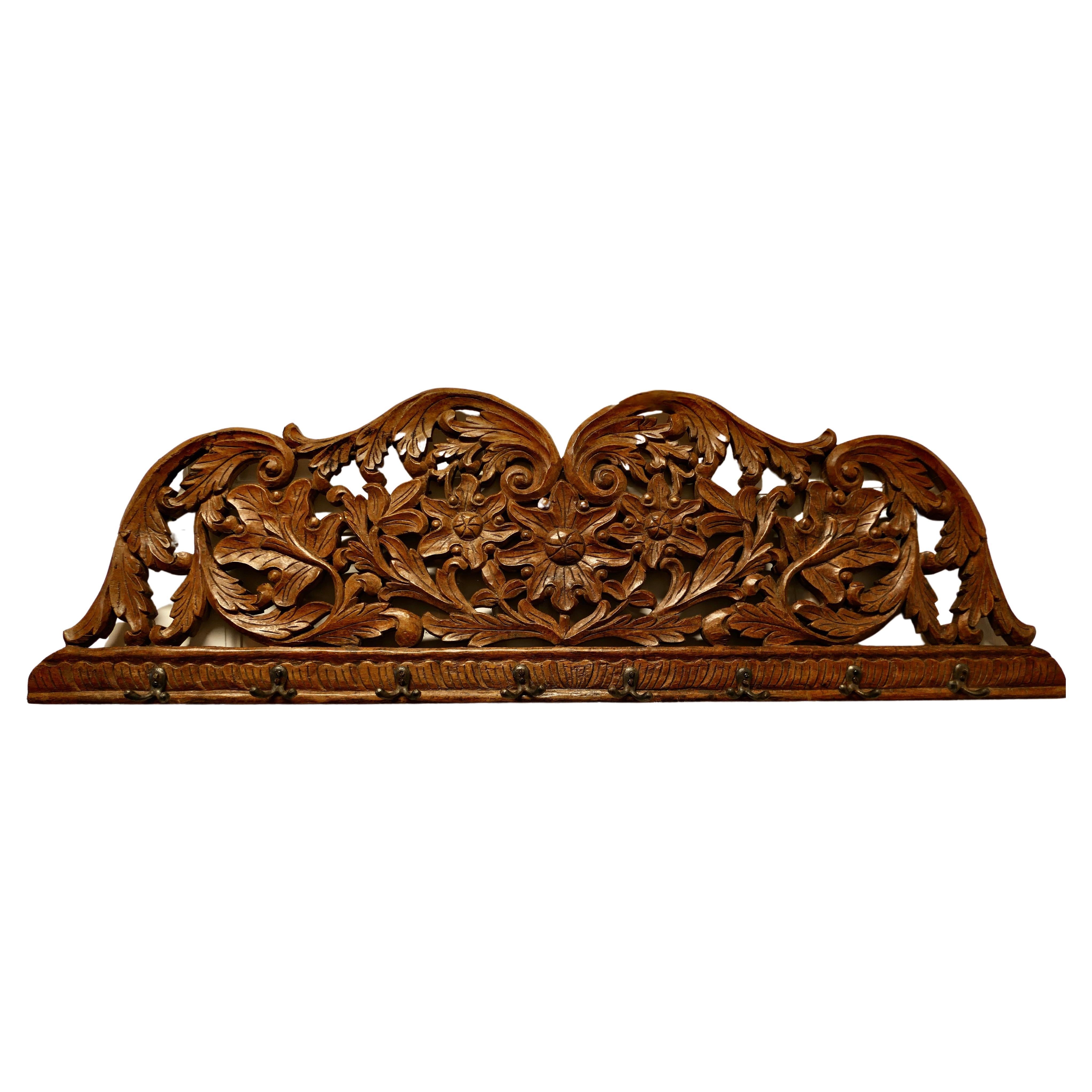 19th Century Carved Teak Wall Hanging Coat Rack For Sale