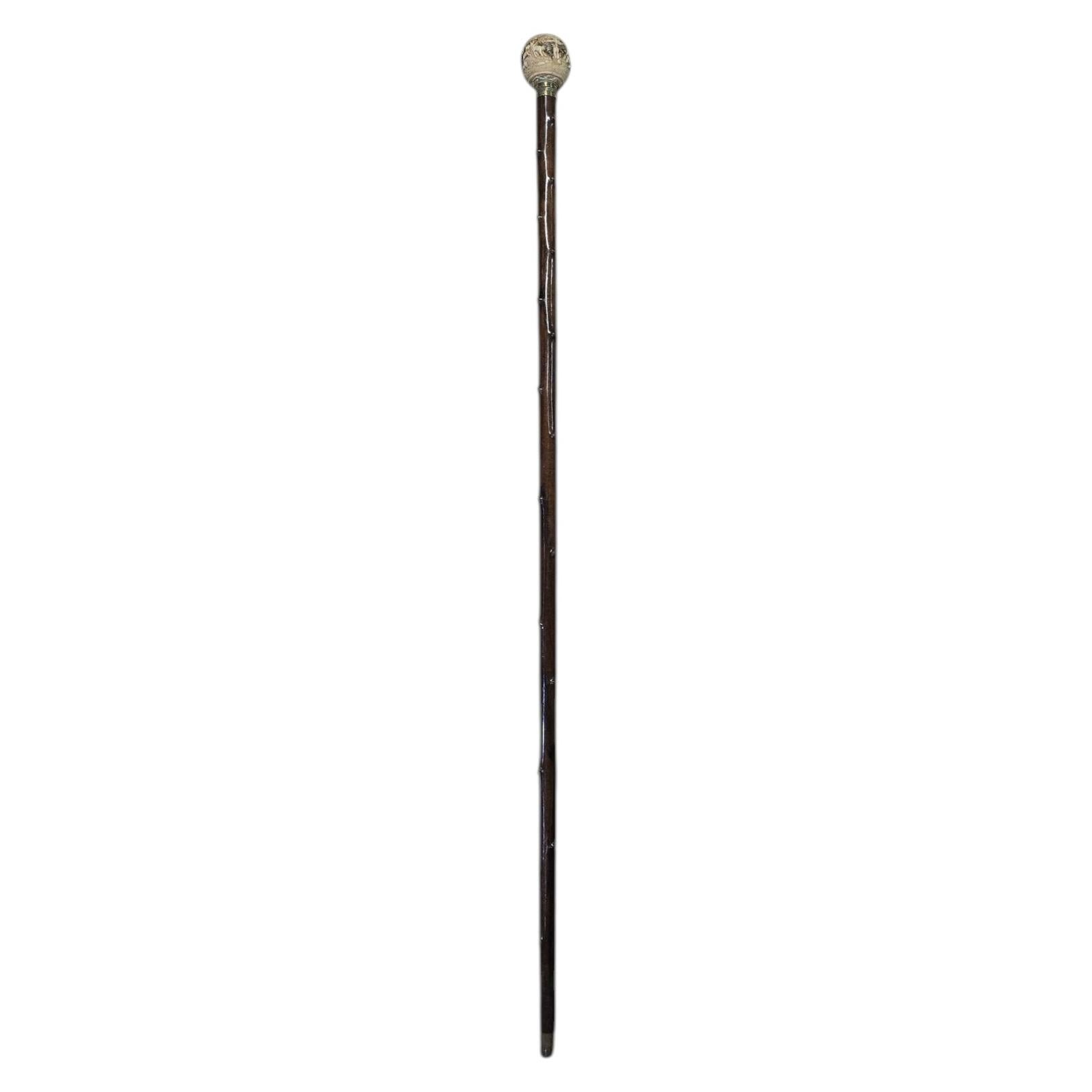 19th Century Carved Walking Cane with Animal Motif Handle