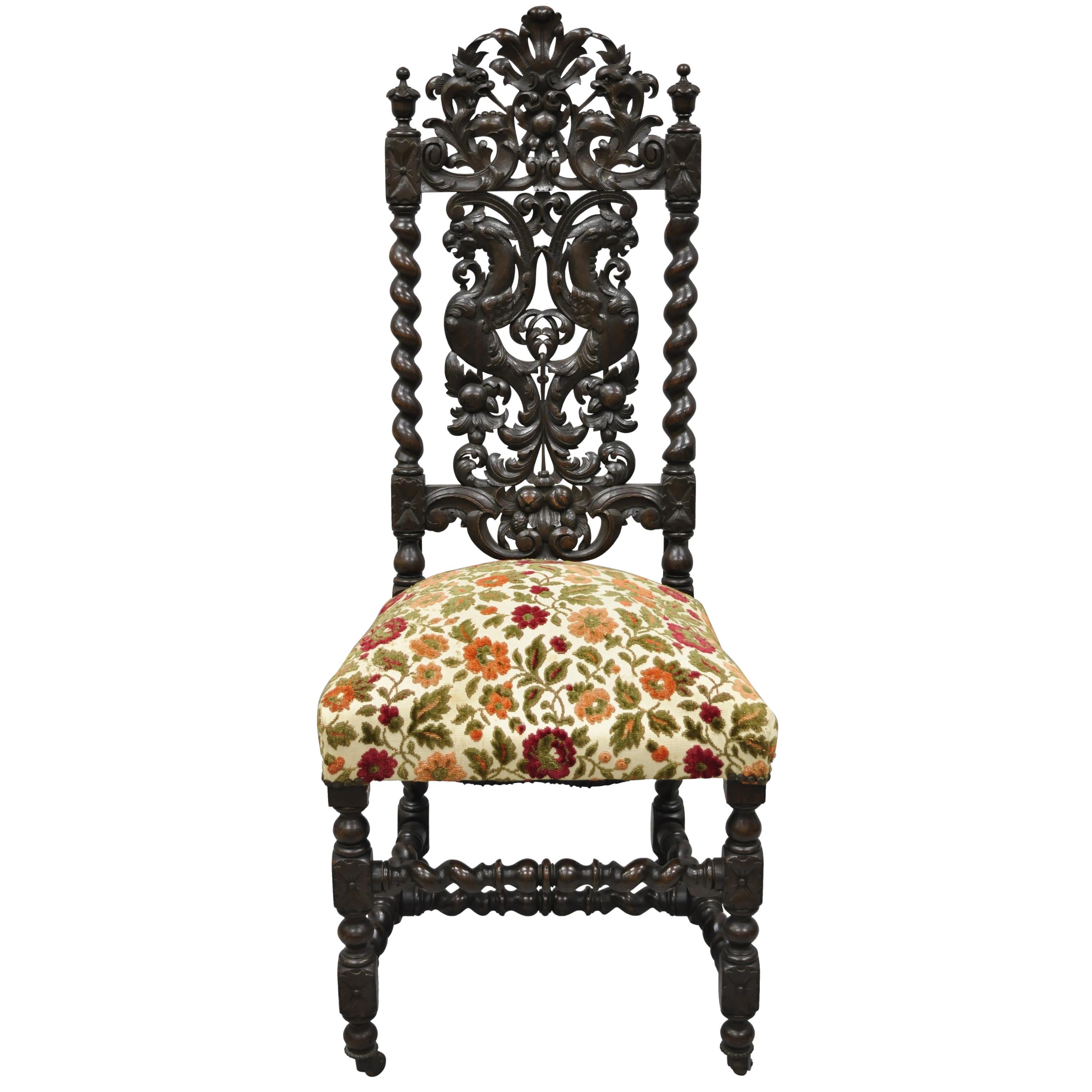 19th Century Carved Walnut Figural Renaissance Revival Throne Side Chair