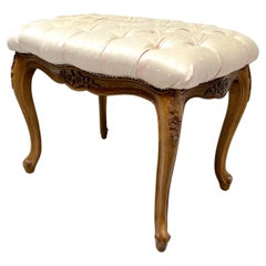 Antique 19th Century Carved Walnut French Country Vanity Stool with Tufted Silk