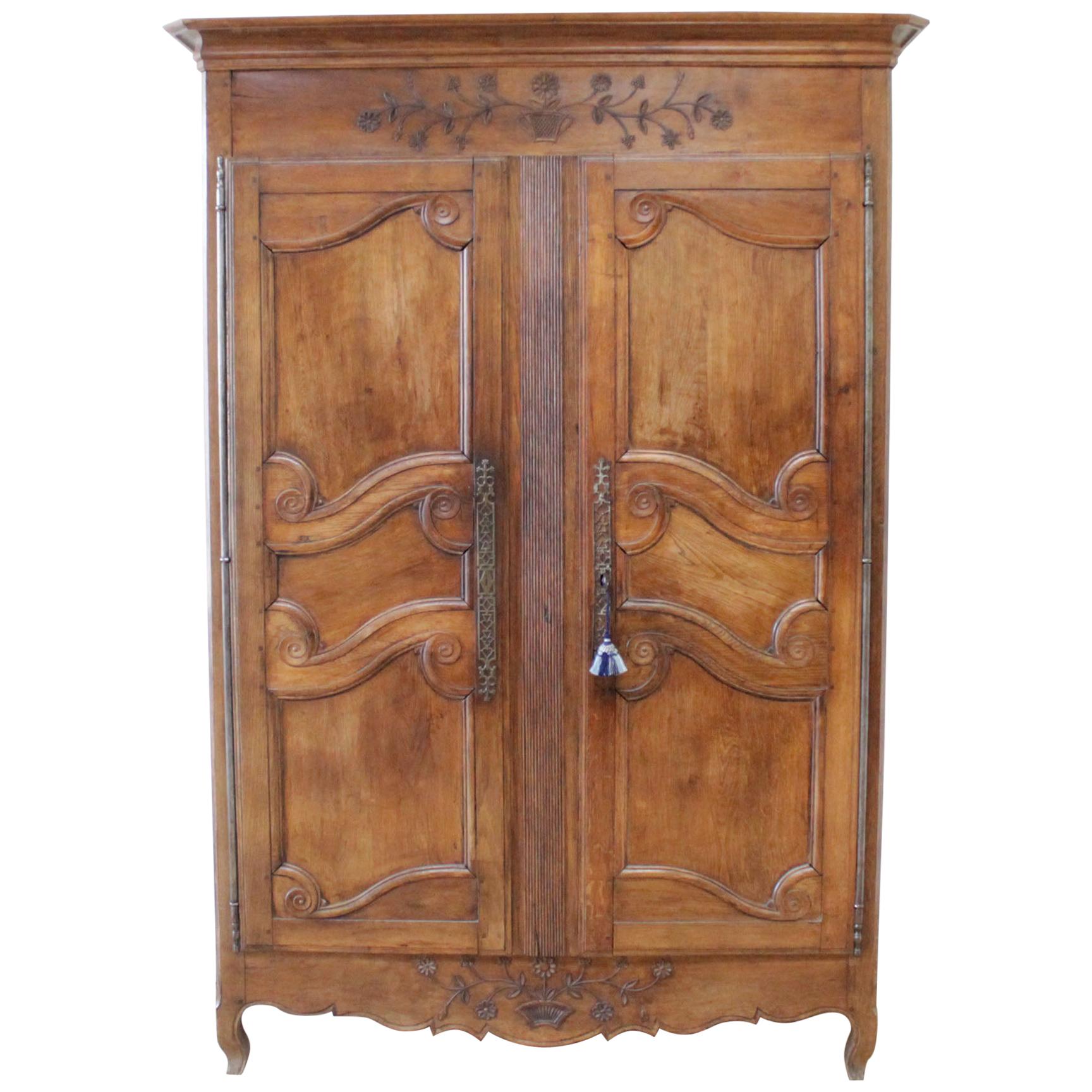 19th Century Carved Walnut French Provincial Armoire Cabinet