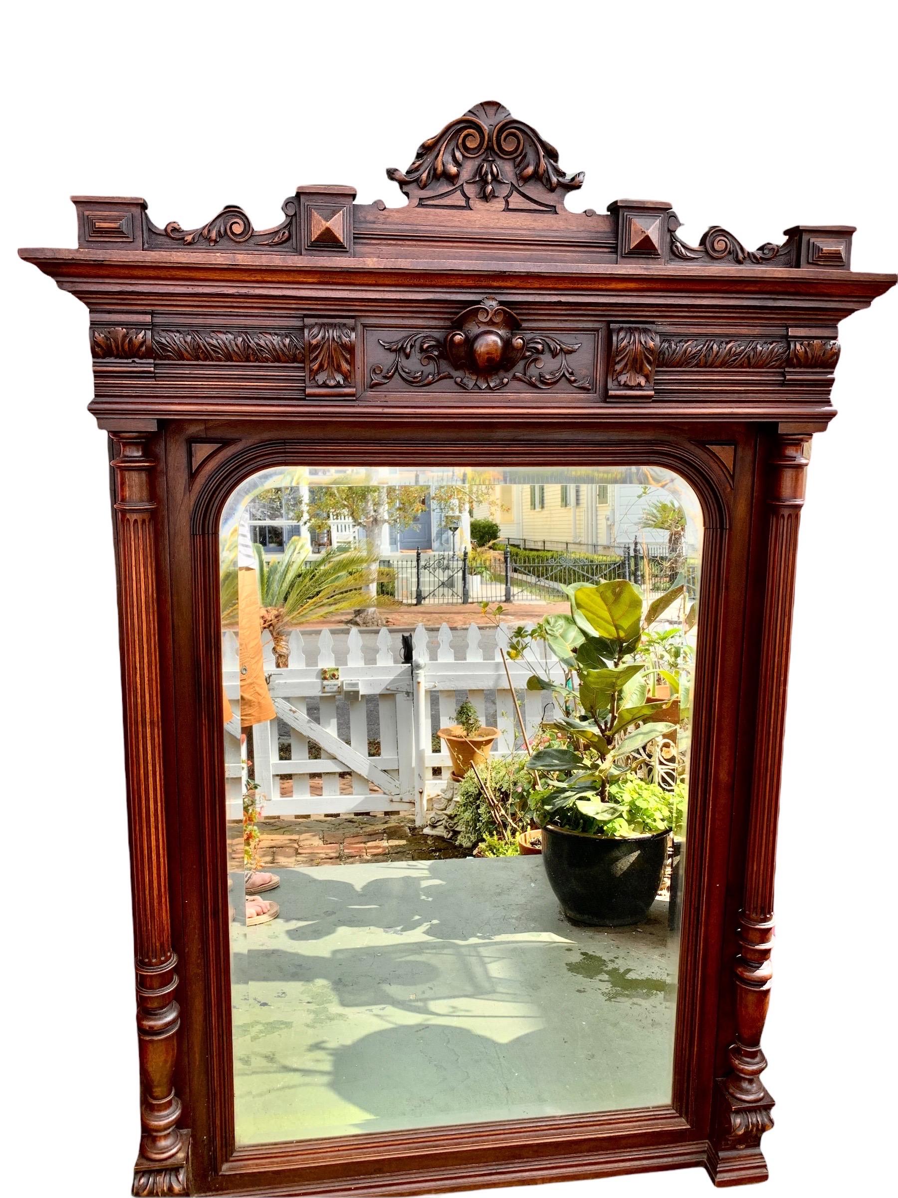 Beveled 19th Century Carved Walnut French Renaissance Revival Over Mantle Mirror