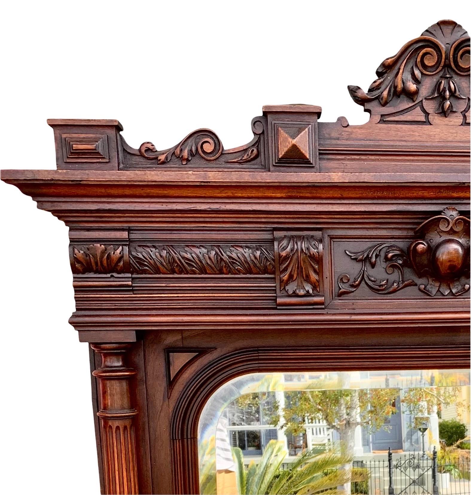19th Century Carved Walnut French Renaissance Revival Over Mantle Mirror In Good Condition In New Orleans, LA