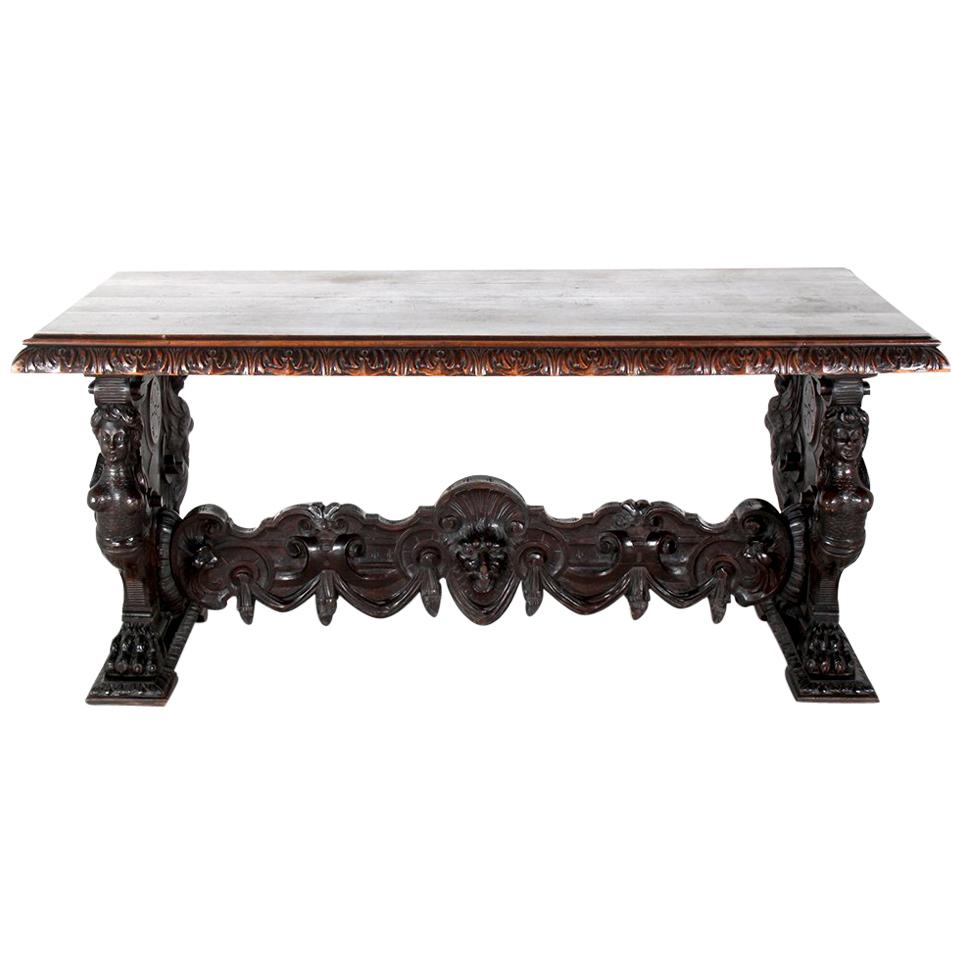 19th Century Carved Walnut Italian Library or Centre Table Renaissance Revival