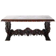 19th Century Carved Walnut Italian Library or Centre Table Renaissance Revival