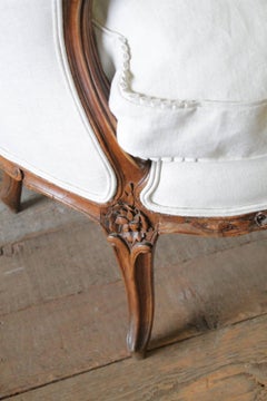 19th Century Carved Walnut Louis XV Style French Sofa Upholstered Belgian Linen