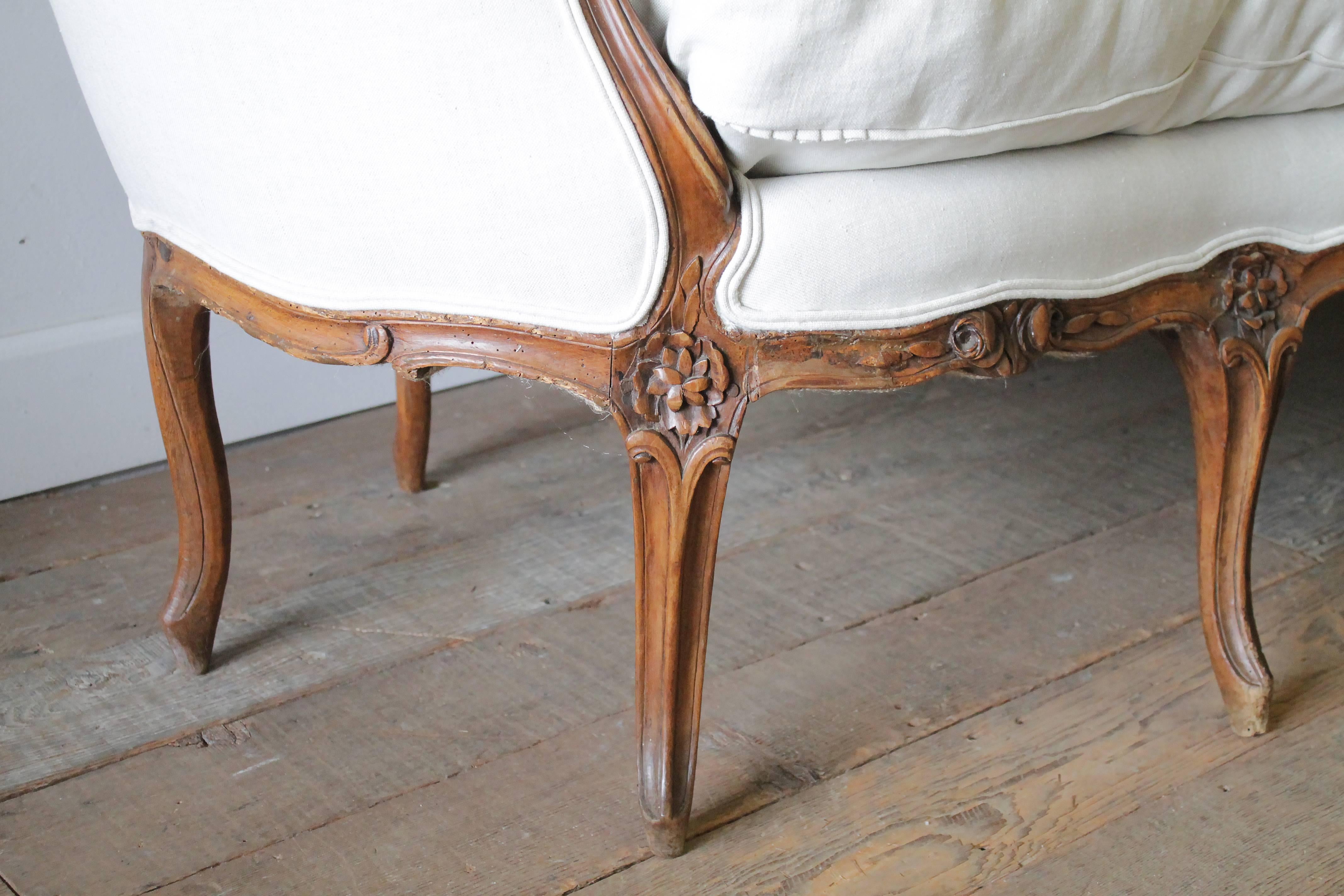 Hand-Carved 19th Century Carved Walnut Louis XV Style French Sofa Upholstered Belgian Linen