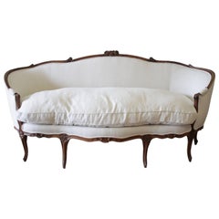 19th Century Carved Walnut Louis XV Style French Sofa Upholstered Belgian Linen