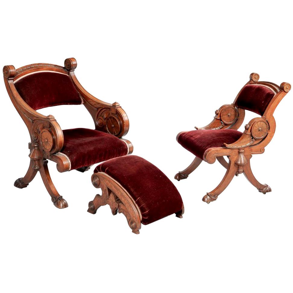 19th Century Carved Walnut Renaissance Revival Chairs and Foot Stool