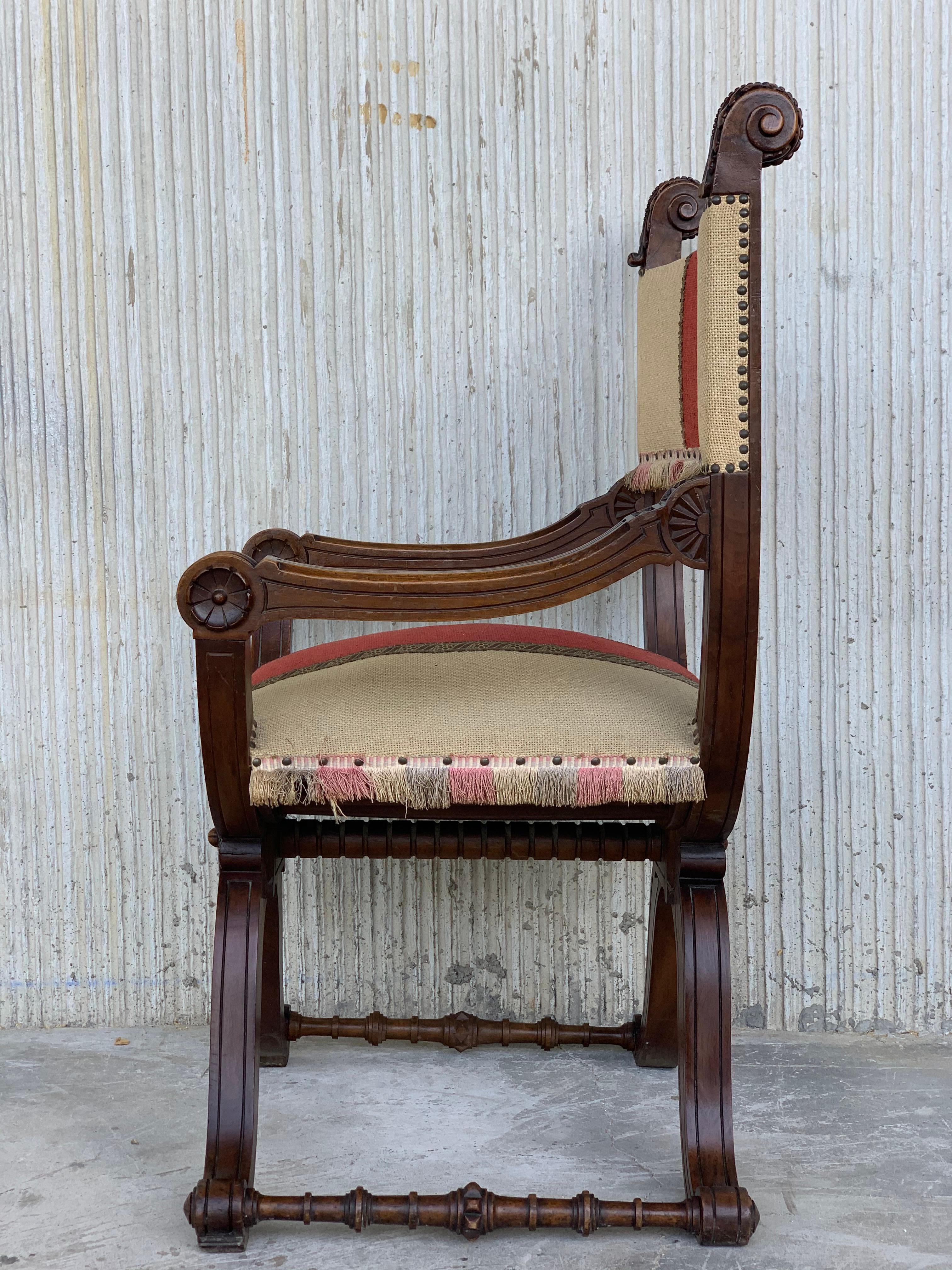 Hand-Carved 19th Century Carved Walnut Upholstered Savonarola Bench or Settee