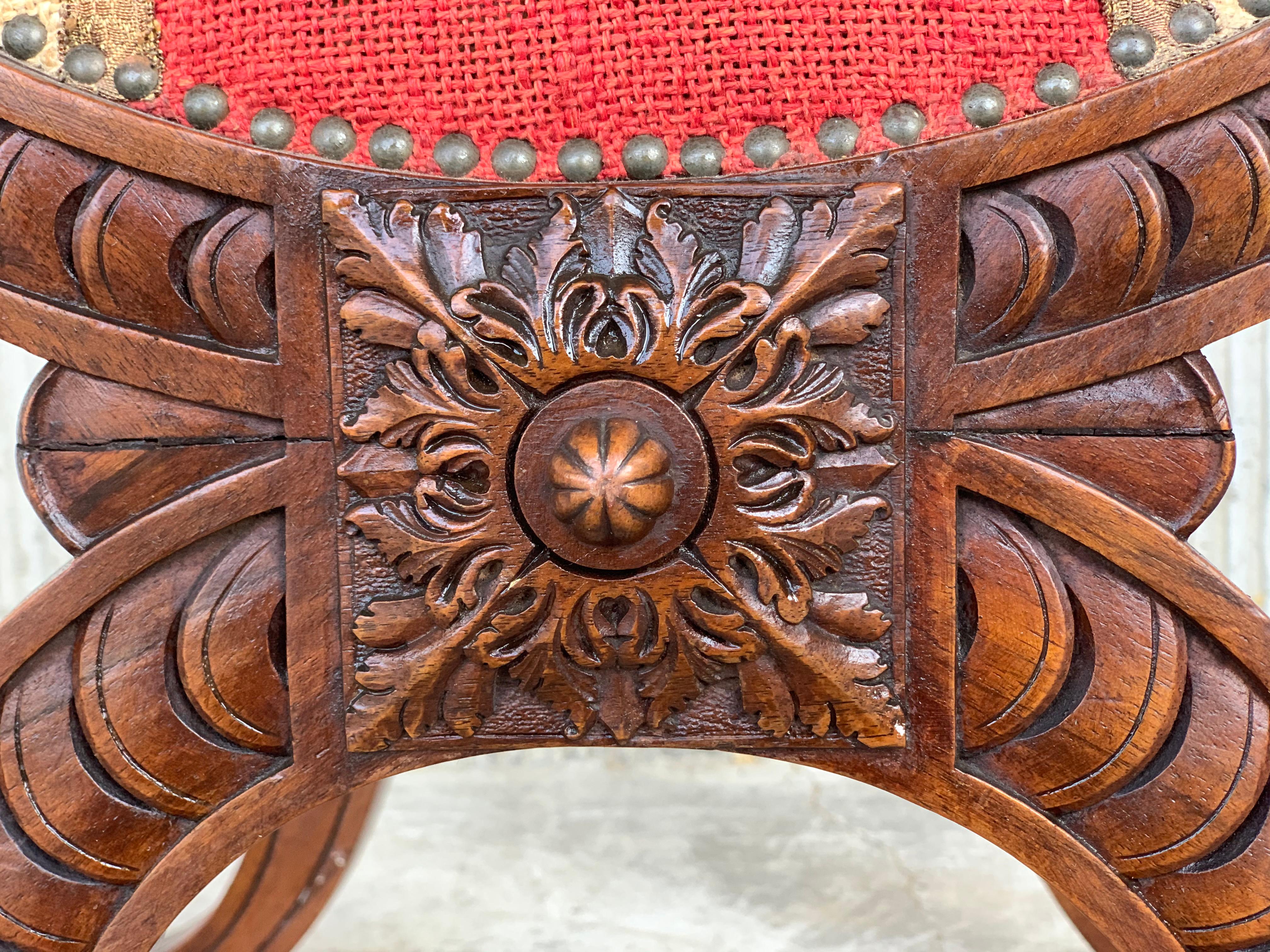 19th Century Carved Walnut Upholstered Savonarola Bench or Settee 3