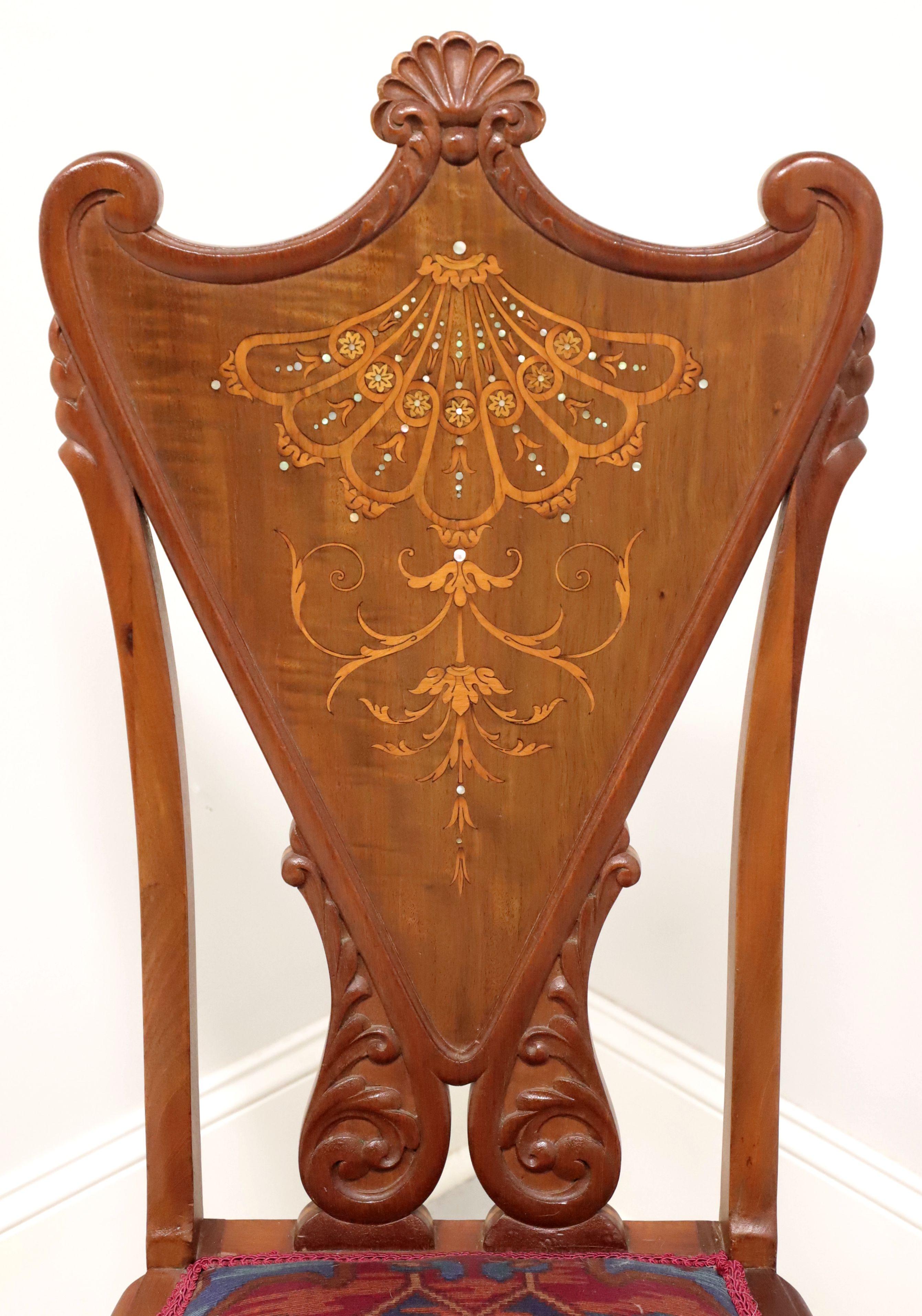 Fabric 19th Century Carved Walnut Victorian Marquetry Chair with Mother of Pearl Inlay For Sale