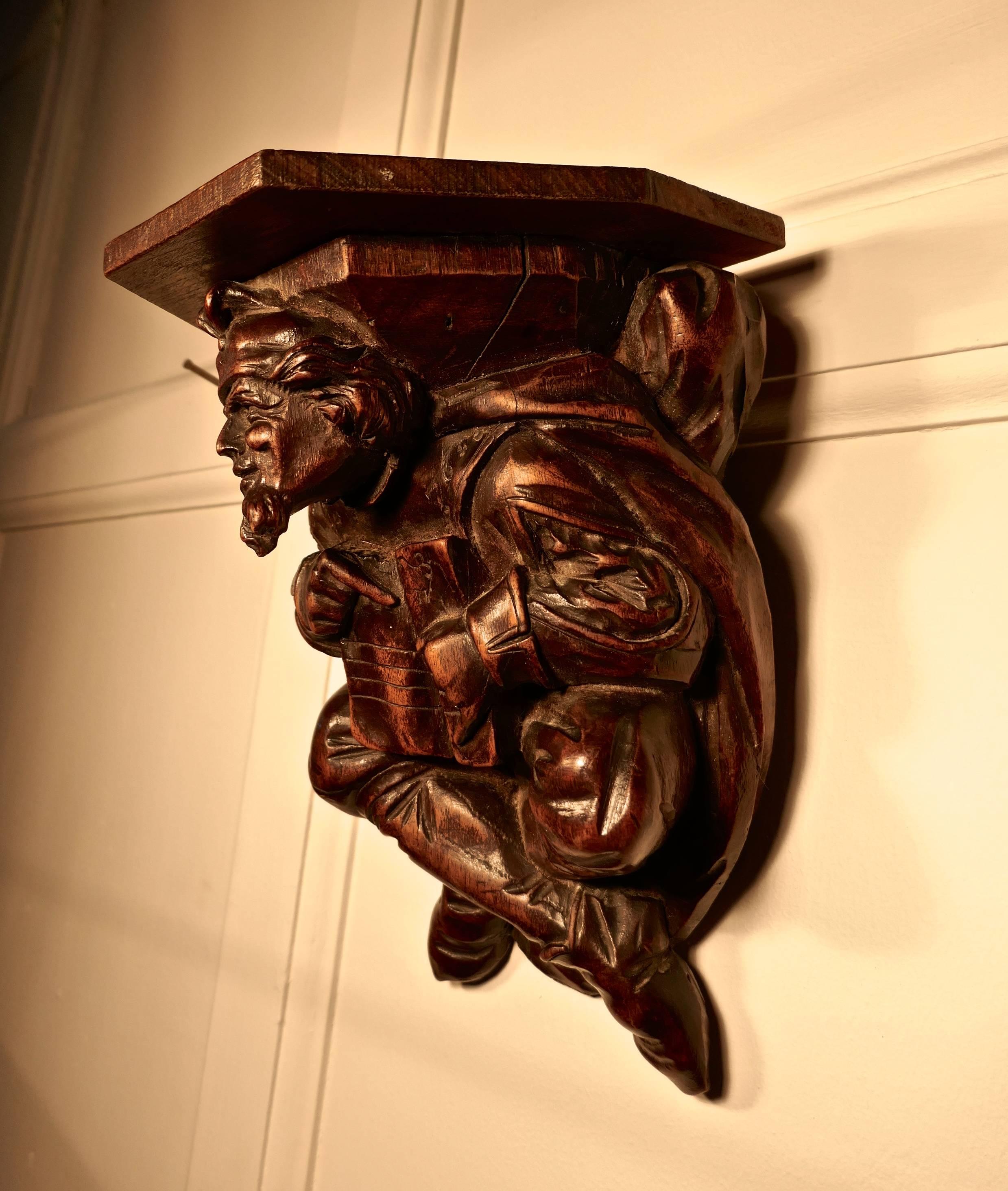 Gothic 19th Century Carved Walnut Wall Bracket, Medieval Magician