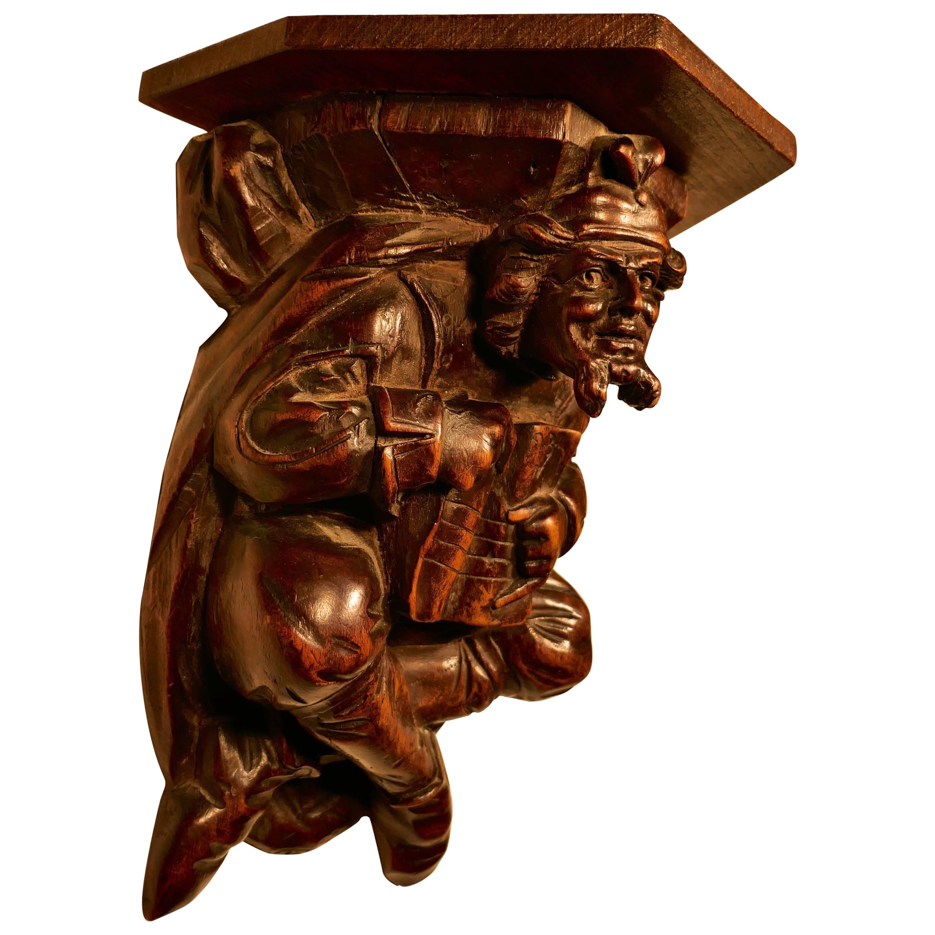19th Century Carved Walnut Wall Bracket, Medieval Magician
