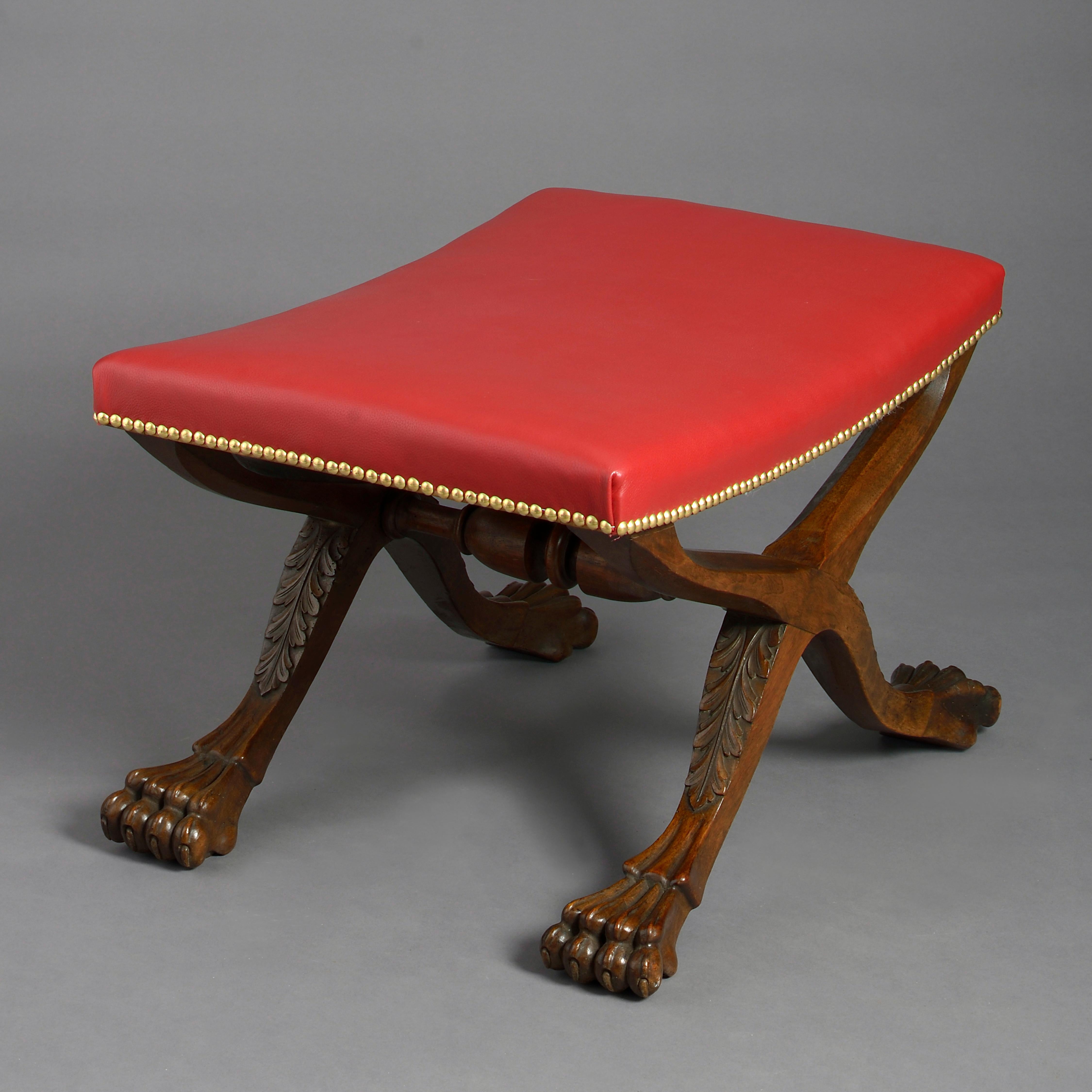 Victorian 19th Century Carved Walnut X-Frame Stool with Red Leather Seat