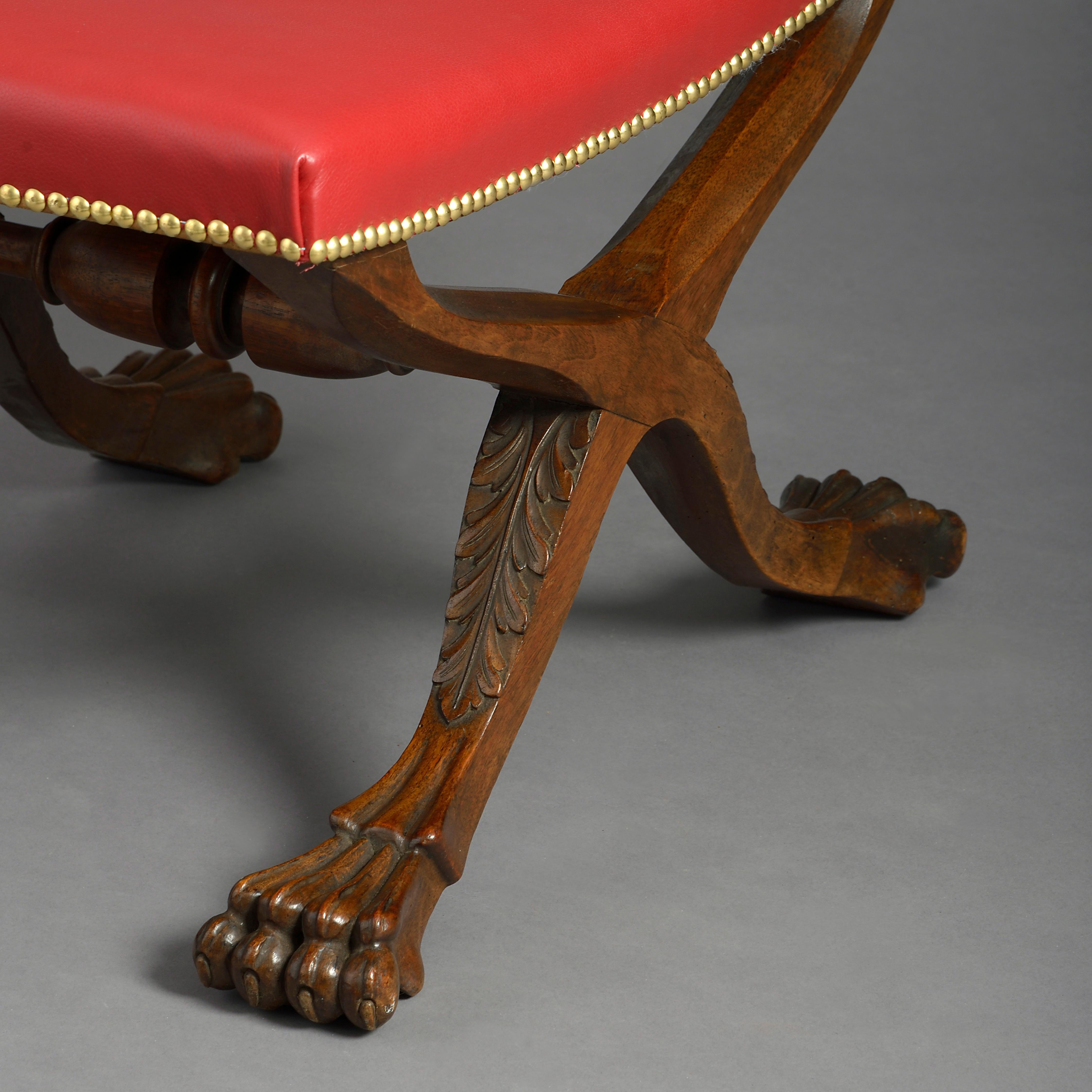 English 19th Century Carved Walnut X-Frame Stool with Red Leather Seat