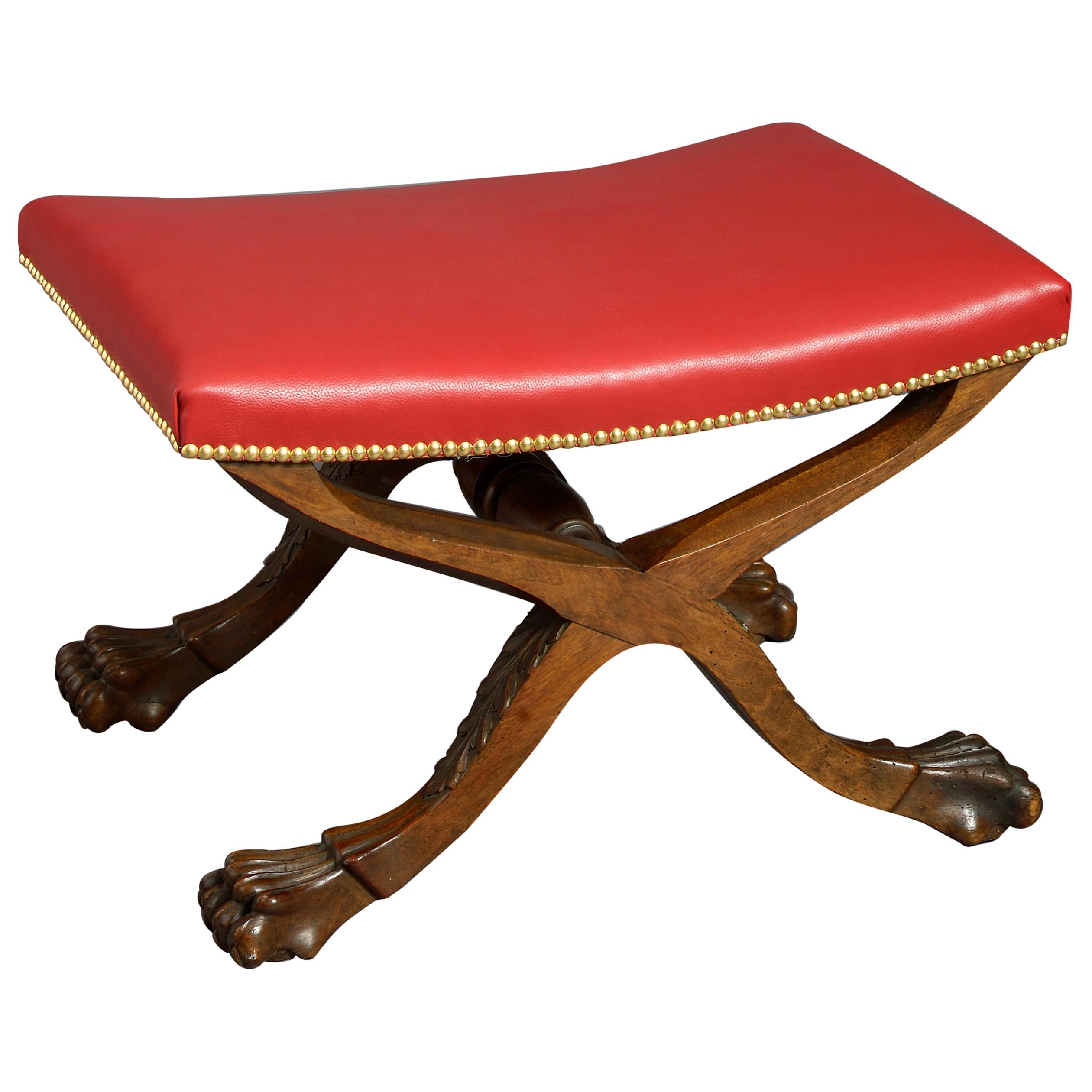19th Century Carved Walnut X-Frame Stool with Red Leather Seat