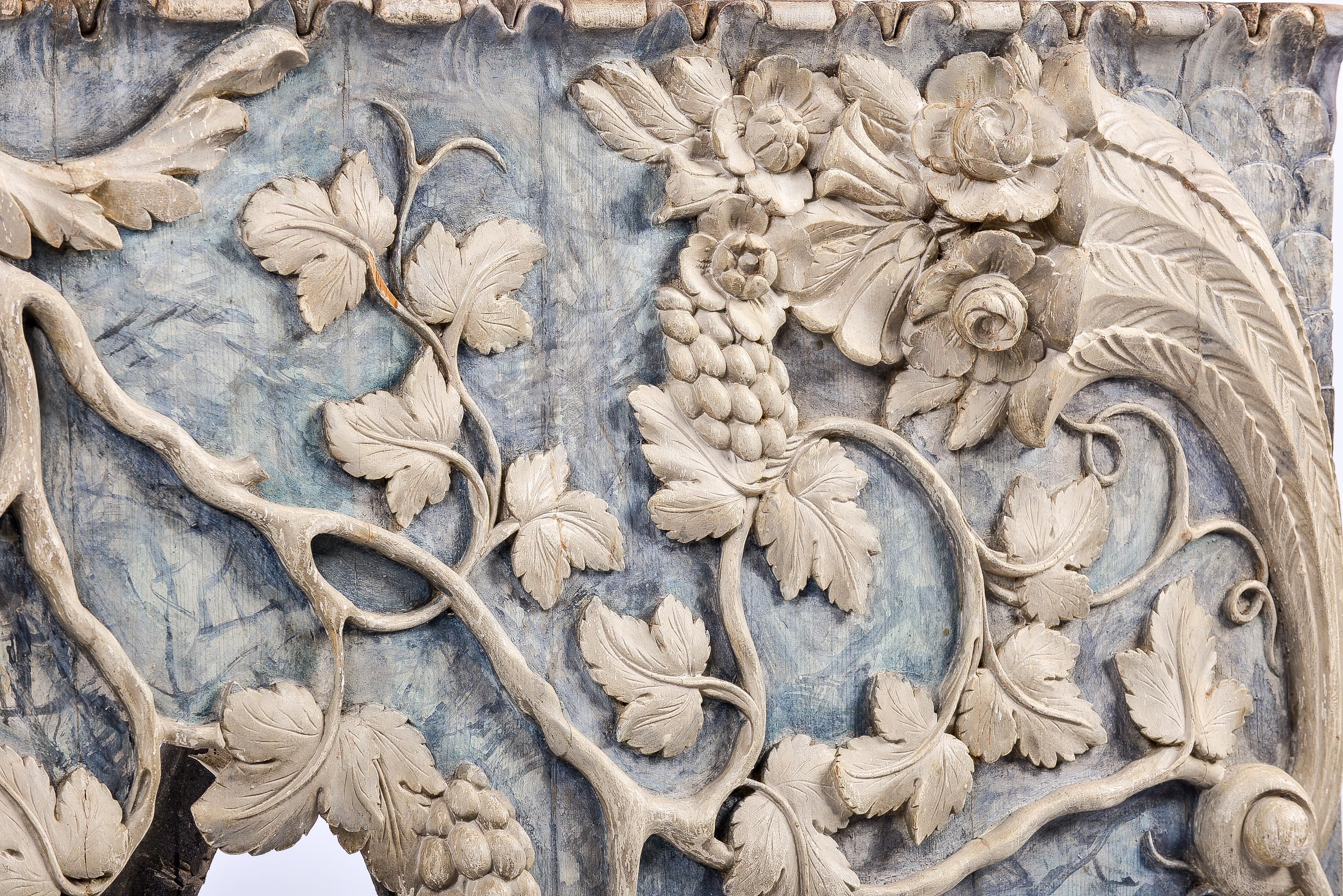Hand-Carved 19th Century Carved White and Blue Polychromed Grapevines Architectural Frieze