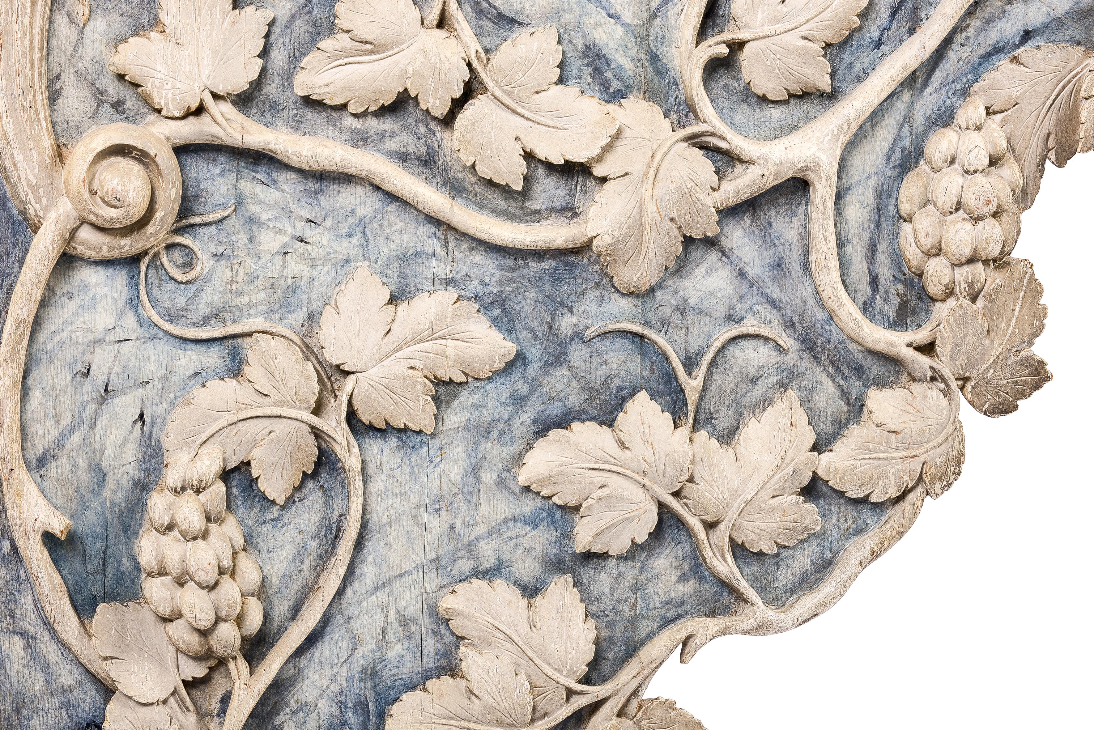 Pine 19th Century Carved White and Blue Polychromed Grapevines Architectural Frieze