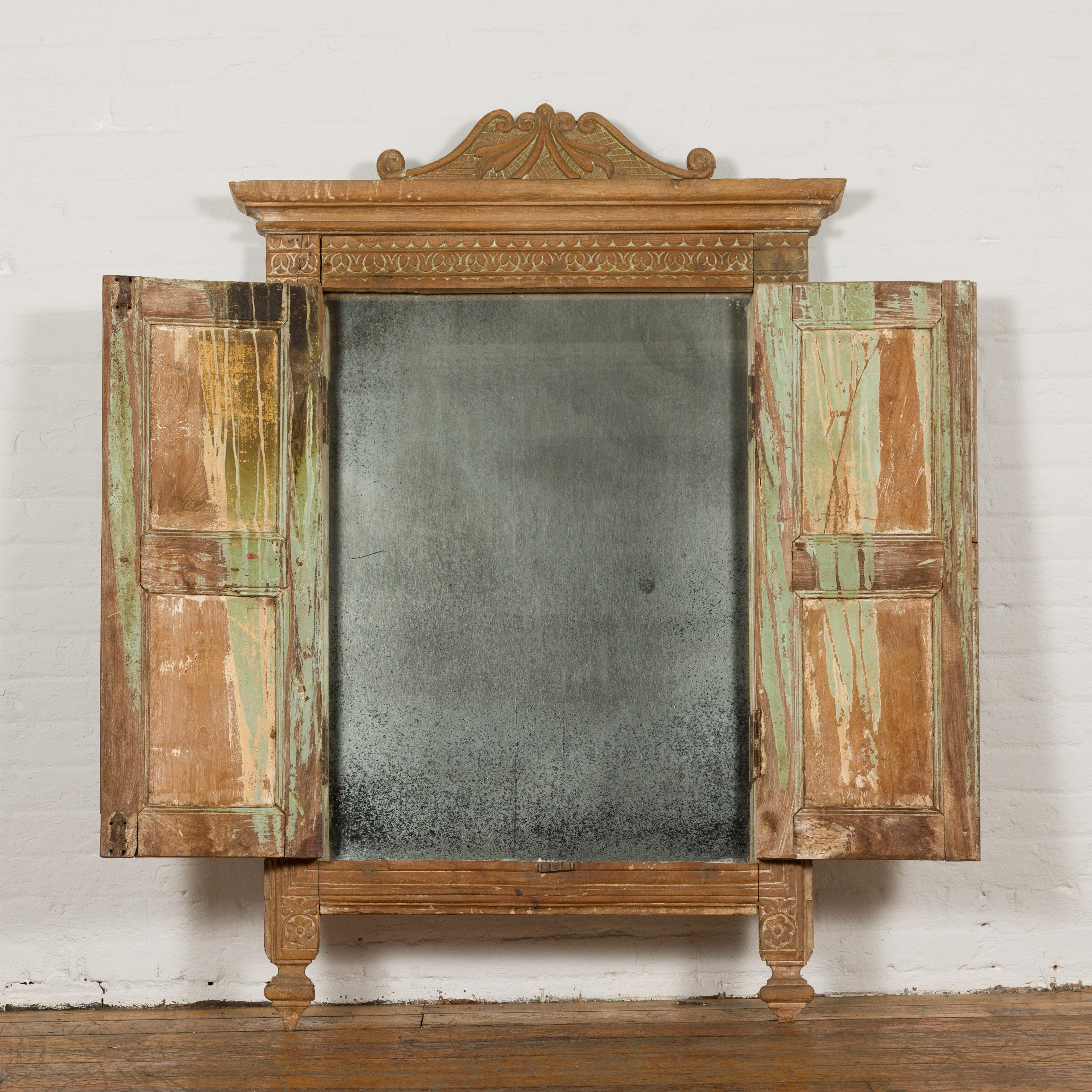 19th Century Carved Window Retrofitted with Heavy Antiqued Mirror For Sale 9