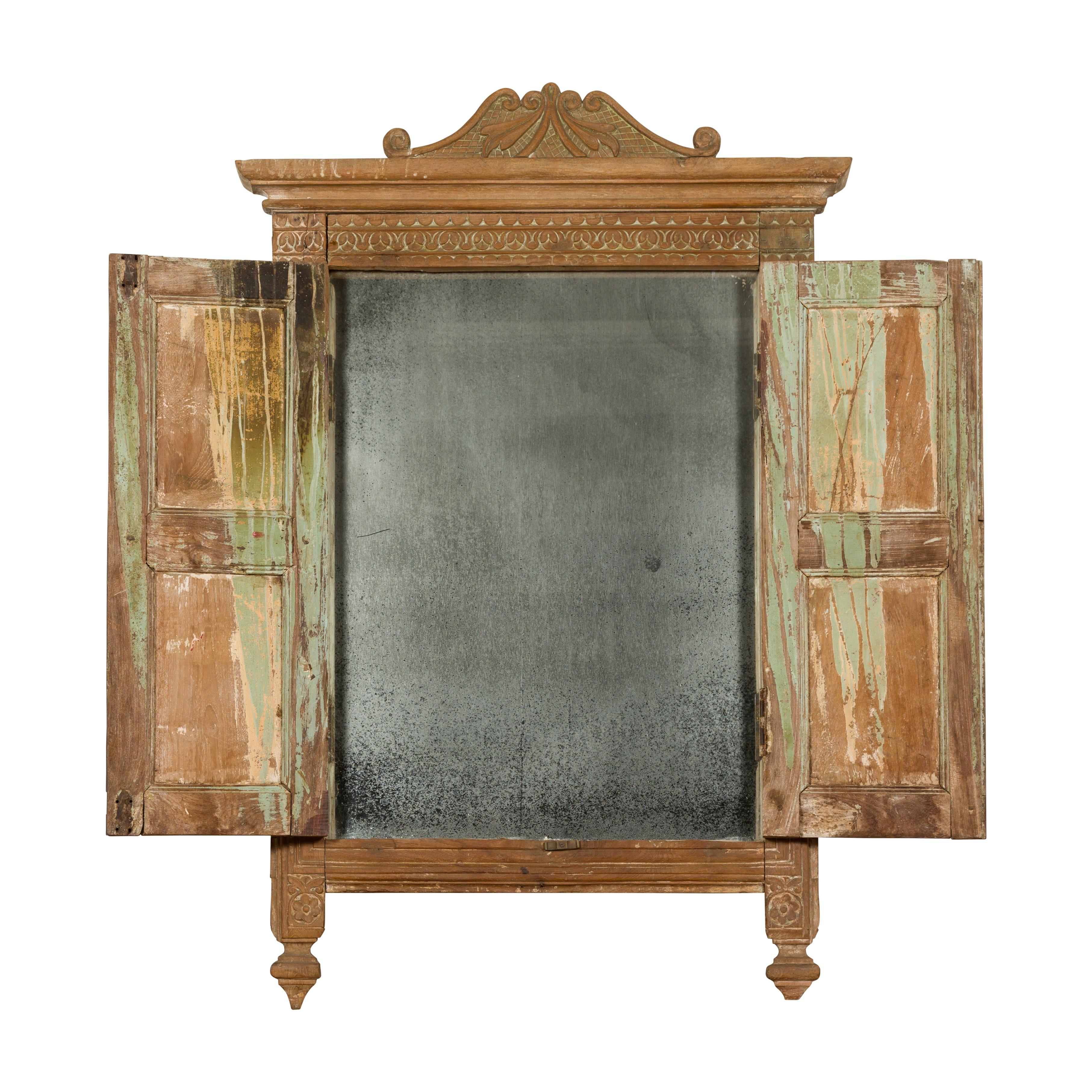 19th Century Carved Window Retrofitted with Heavy Antiqued Mirror For Sale 13