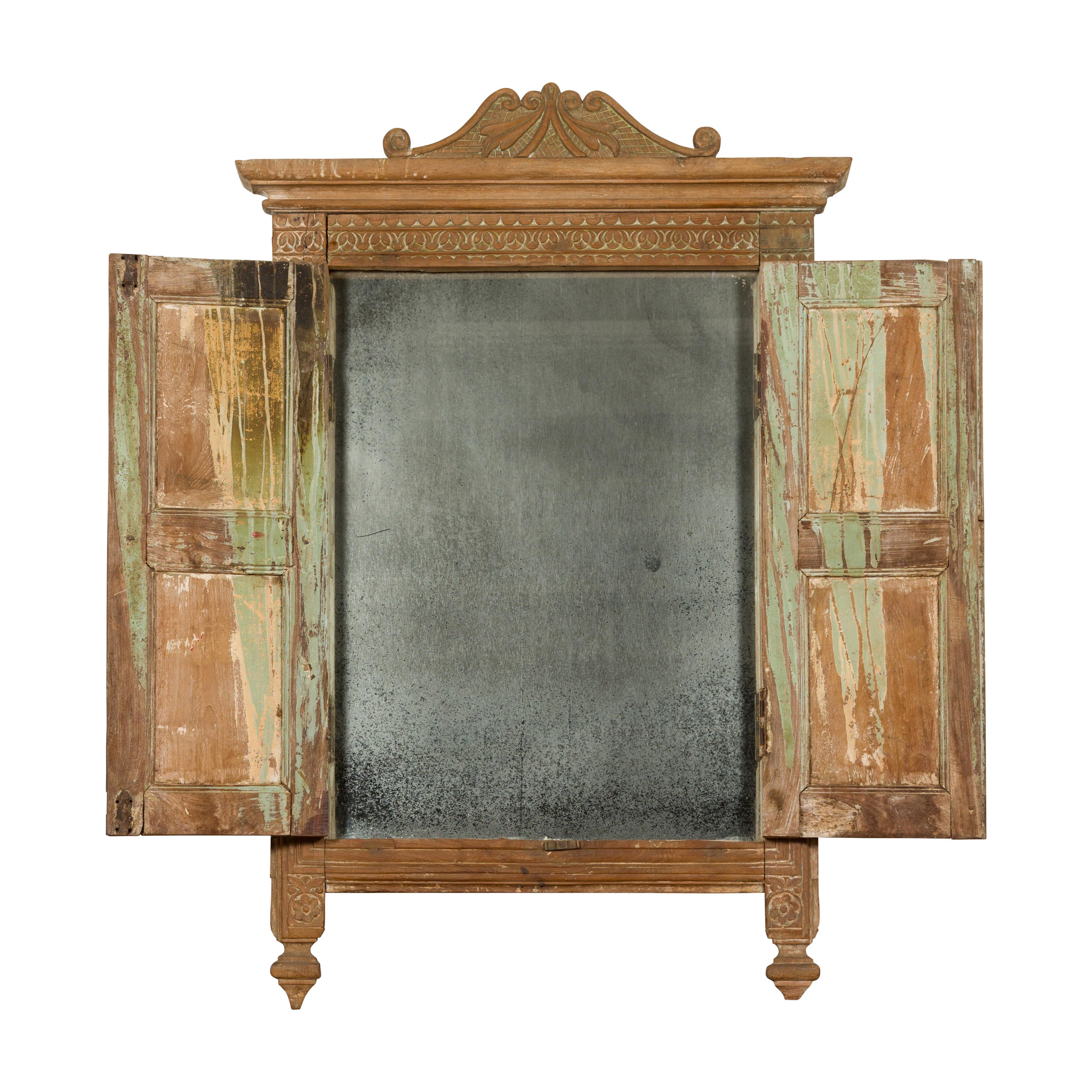 19th Century Carved Window Retrofitted with Heavy Antiqued Mirror For Sale 11
