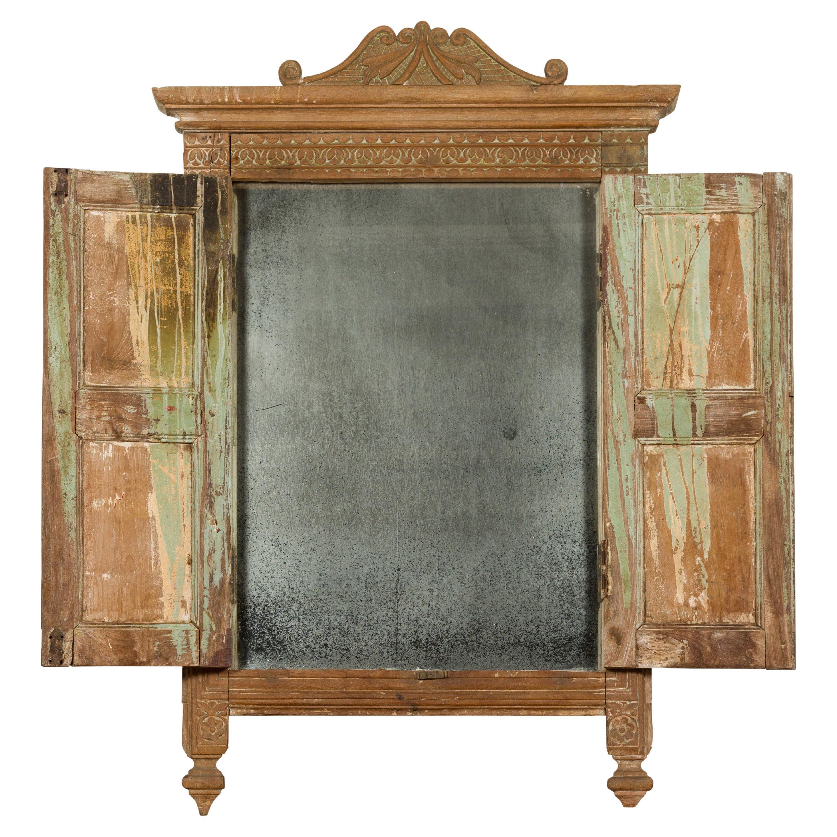 19th Century Carved Window Retrofitted with Heavy Antiqued Mirror For Sale