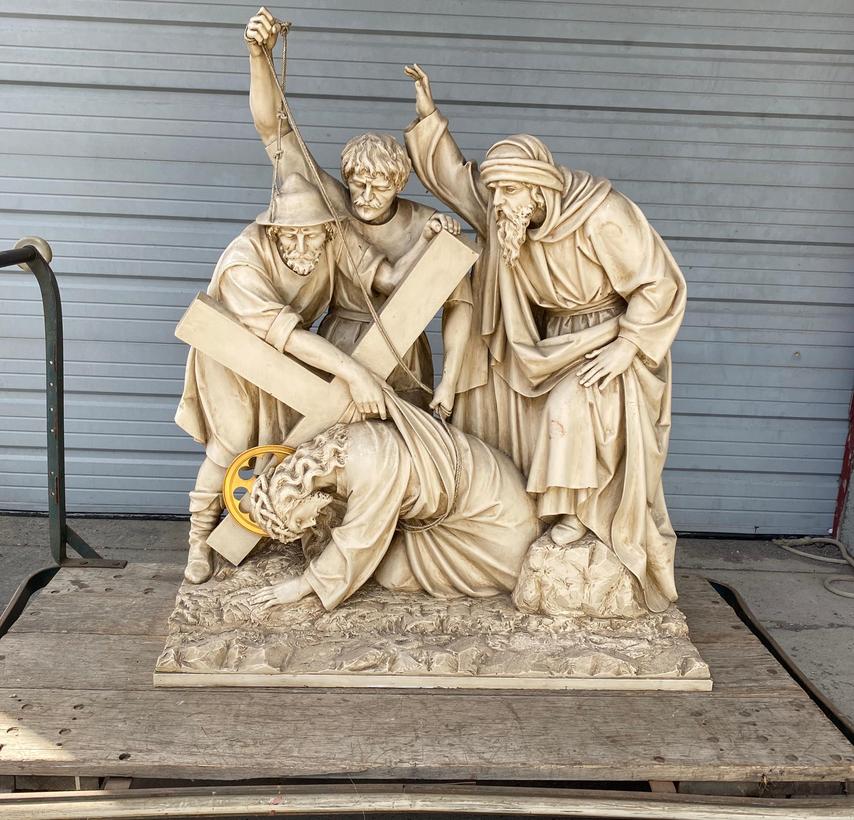 19th Century Carved Wood 3rd Station of the Cross, 'Jesus Falls’, Switzerland In Good Condition For Sale In Buffalo, NY
