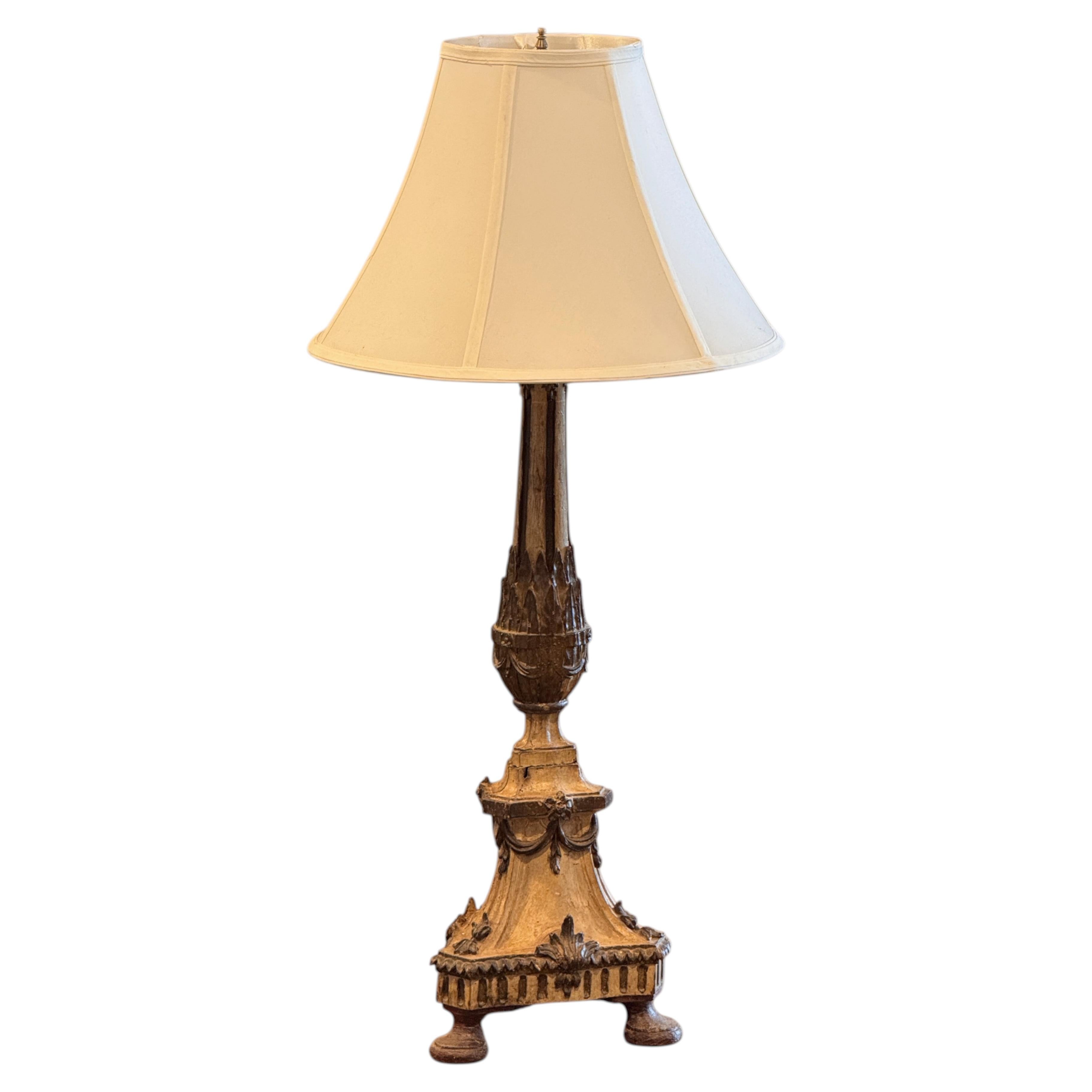 19th Century Carved Wood Altar Stick Form Table Lamp For Sale